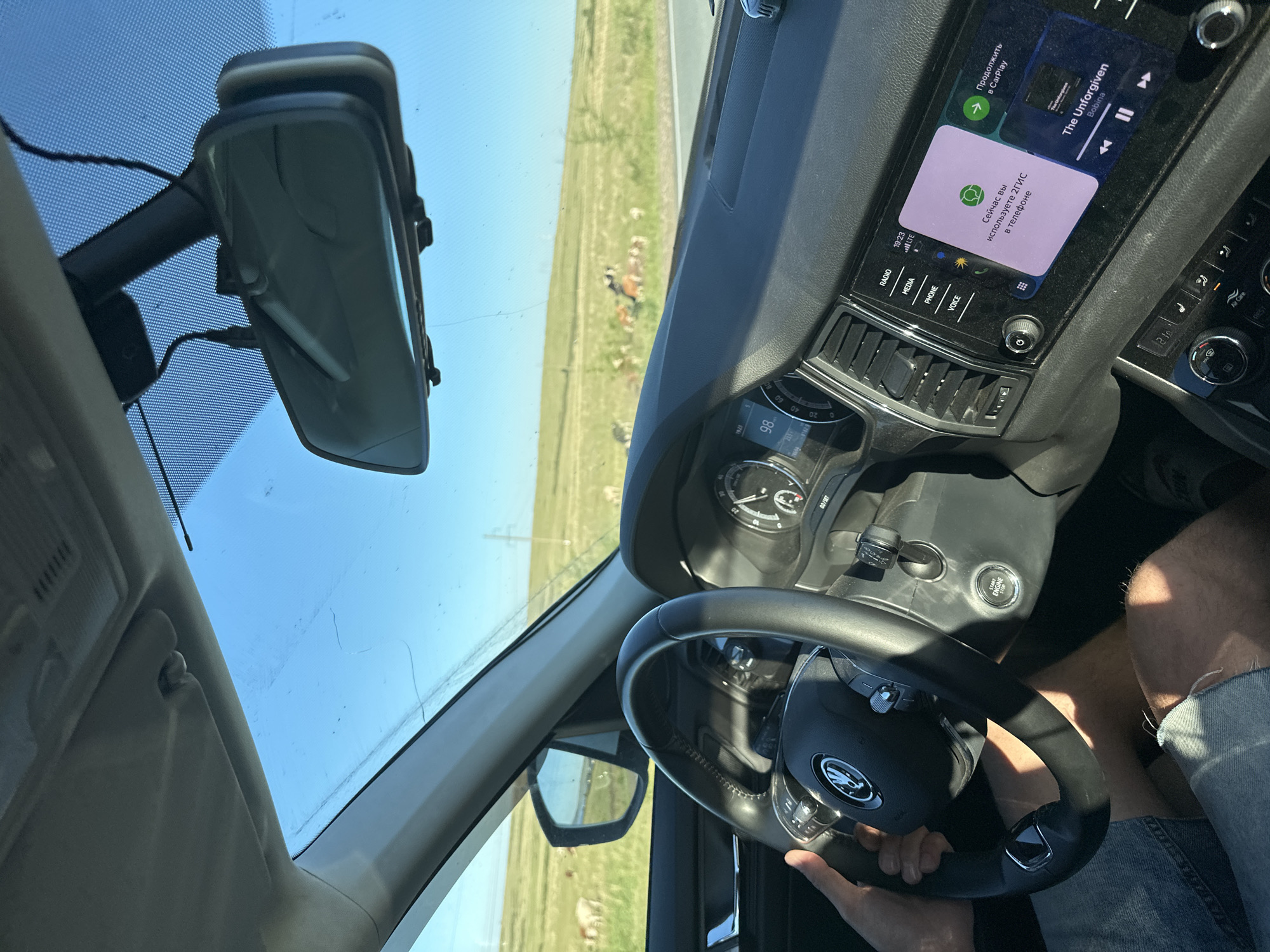The image shows the interior of a car looking out at a rural landscape. The focus is on the dashboard and steering wheel, with a person's hands visible on the wheel. The car appears to be in motion, as suggested by the road visible outside. In the distance, there is a grassy field with several cows grazing under a clear blue sky. The car's infotainment system is visible on the dashboard, displaying a navigation app and music playback. The location is identified as Luk'yanovka, Russia.
