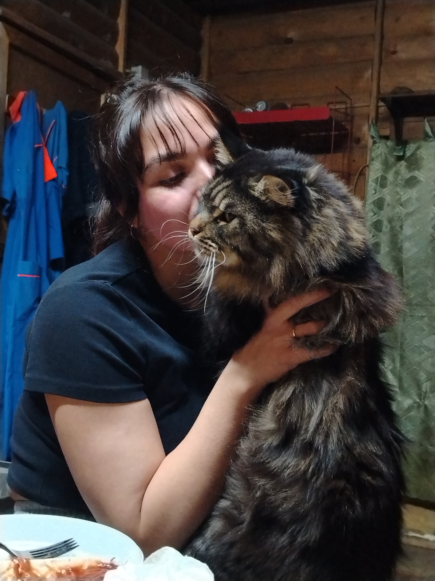 A woman with dark hair and bangs is holding a large, fluffy brown and black tabby cat. She is wearing a black t-shirt and has a gold ring on her finger. Her eyes are closed as she presses her face against the cat. The cat is facing to the right and its whiskers are prominent. In the foreground, there is a white plate with a fork and some food on it. In the background, there is a blue jumpsuit hanging on a wall, a red shelf with cans on it, and a green patterned curtain. The location is likely a room in Chaikovsky, Russia, given the context of the query. The scene appears to be indoors, possibly in a home.