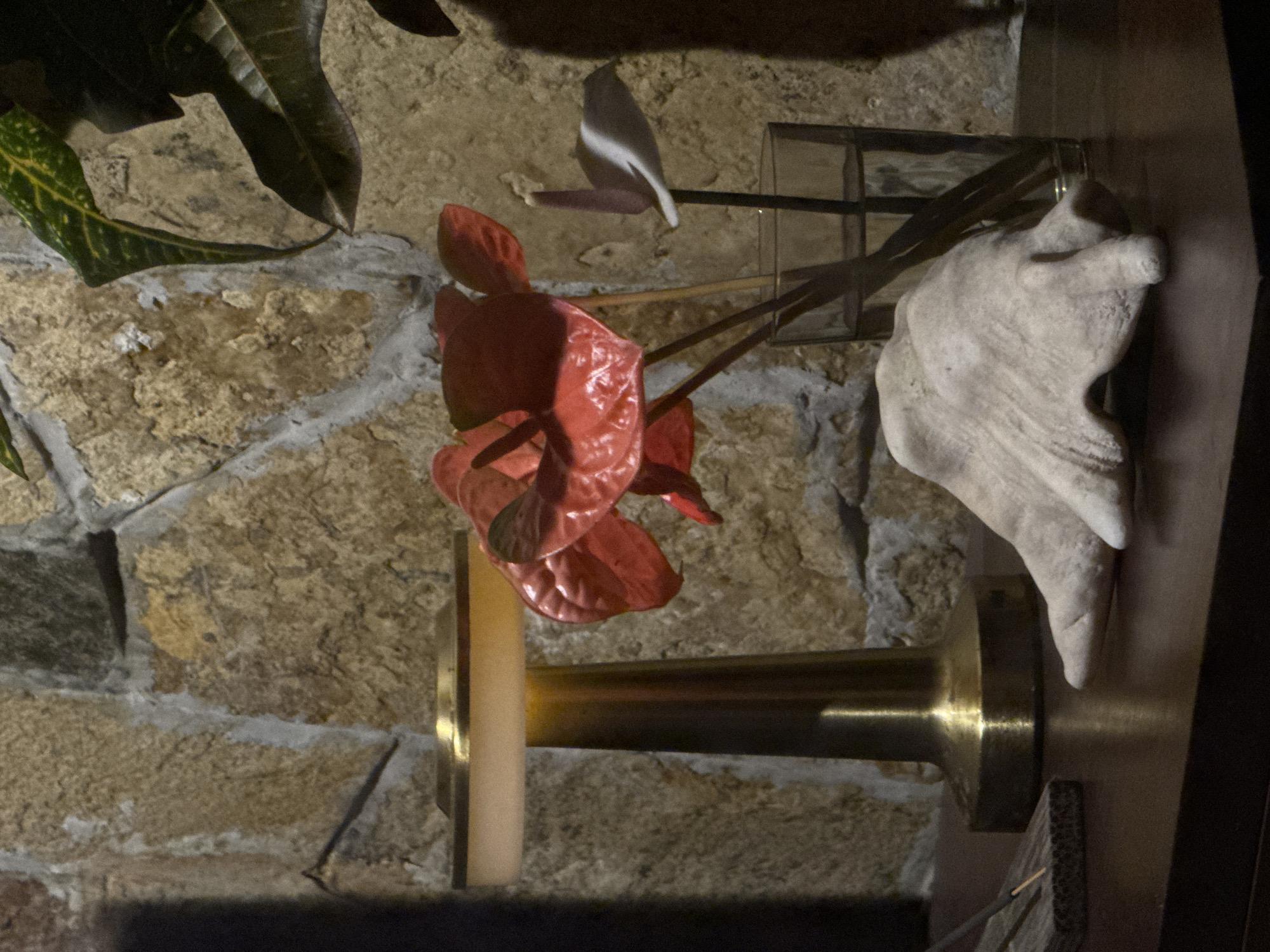 This media file features a close-up, vertically oriented shot of a floral arrangement and a sculptural element set against a stone wall. The dominant subjects are a cluster of bright red anthurium flowers, their waxy spathes catching the light. A thin, cylindrical, golden object, likely a vase or part of a stand, is visible supporting the flowers. To the right of the flowers and behind them, a light-colored, abstract sculptural form, possibly made of plaster or stone, is partially visible. It has a textured, organic shape.
Behind these elements, a rough stone wall forms the backdrop, with visible mortar between the stones. Some green leaves from another plant are visible in the upper left corner, adding a touch of contrasting color and texture. A hint of a glass structure, perhaps a terrarium or display case, is also present near the center, behind the flowers. The lighting appears to be artificial and creates strong highlights and shadows, suggesting an indoor setting possibly in the evening or a dimly lit room. There is no visible text. The overall impression is one of an artistic display or decorative arrangement in a natural or rustic-themed environment. The location context of Goviyapana, Sri Lanka, provides geographical information but no specific visual cues within the image directly confirm this location.
