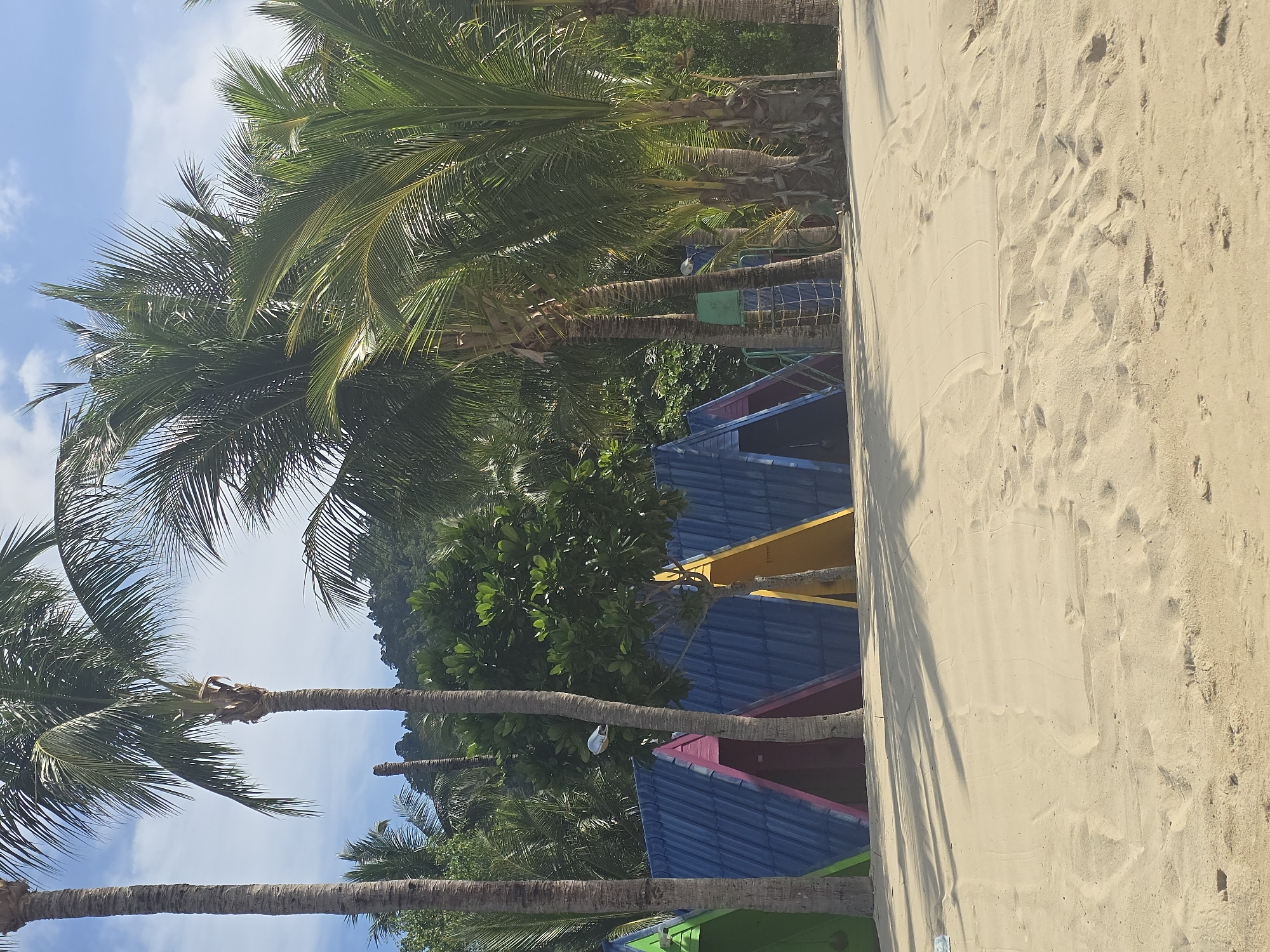 The image depicts a beach scene in Baan Lamai, Thailand, with a row of colorful A-frame huts set against a backdrop of palm trees and lush greenery. The huts are painted in vibrant colors: green, pink, blue, and yellow, with their triangular roofs creating a striking visual. Tall palm trees with slender trunks and lush green fronds dominate the right side of the frame, casting long shadows across the sandy foreground. The sand itself is light in color and appears well-trodden, with subtle patterns and footprints visible. In the background, a densely wooded hillside rises, suggesting a tropical environment. The sky is a bright blue with scattered white clouds, indicative of a clear, sunny day. The scene appears tranquil and inviting, characteristic of a beach resort or vacation spot.