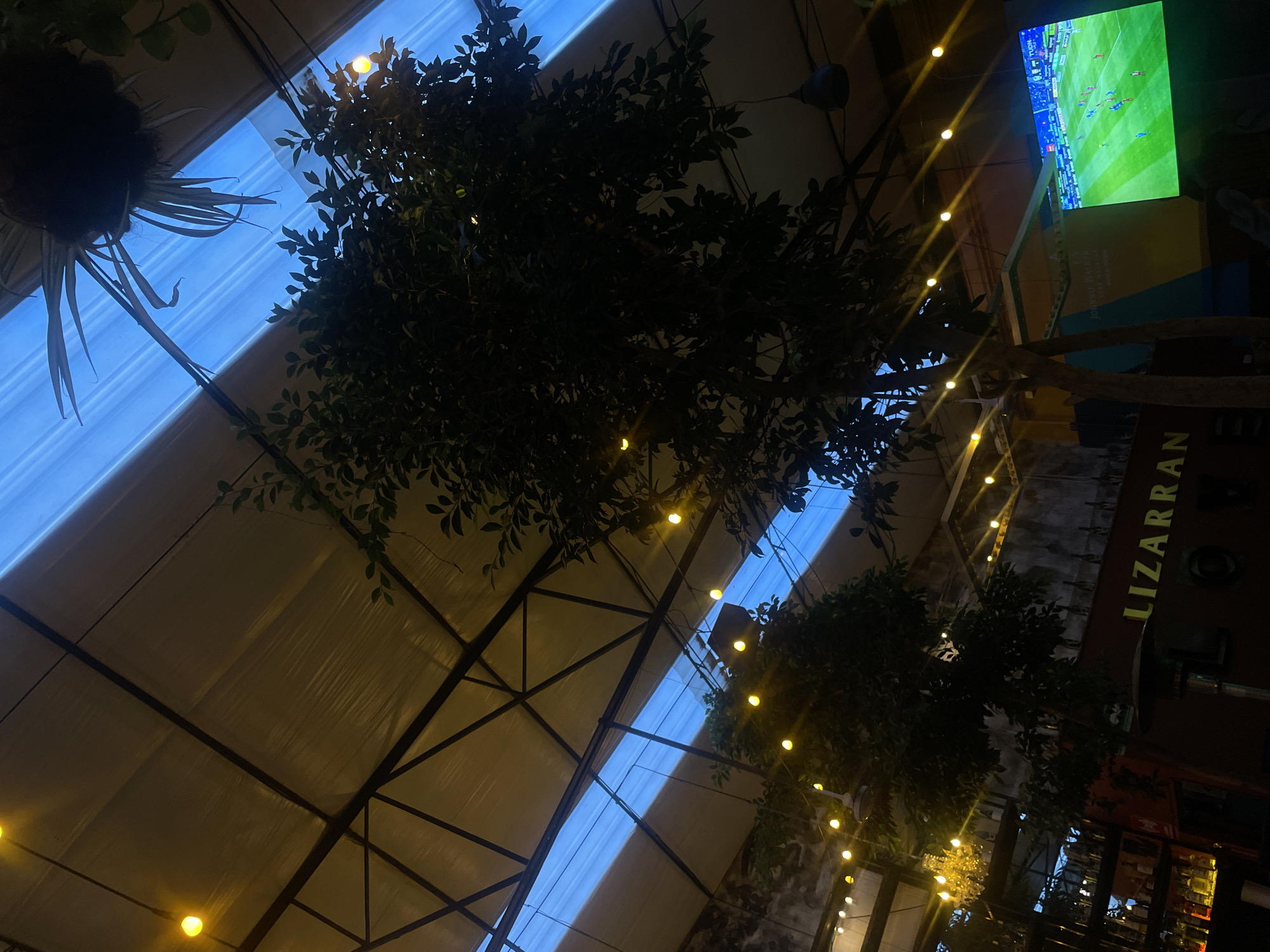 The image depicts an outdoor seating area in Puebla, Mexico, possibly at night, as indicated by the string lights and the illuminated TV screen showing a soccer game. Above, there is a retractable canopy with a metal support structure, visible through openings in the canopy. Greenery, including hanging plants and trees, is dispersed throughout the area. The word "LIZARRAN" is vertically displayed on a dark sign on the right side of the image. The environment appears urban, suggesting a restaurant or bar setting. The overall impression is that of a relaxed, open-air dining or entertainment space.