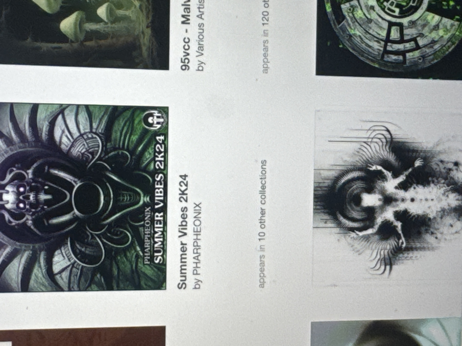 This media file displays a screen showing several digital album covers or art pieces, suggesting an online music platform or art gallery interface, located in Krasnoyarsk, Russia. The image is captured at an angle, with the screen itself rotated counter-clockwise.
The most prominent artwork, positioned on the left side (when unrotated), features a stylized, skull-like face with glowing purple eyes and intricate mechanical or organic elements in dark green and metallic grey. The background of this piece is a swirling, dark green texture.
Above this, another square artwork depicts several light-colored mushrooms with caps and stems, set against a dark, possibly mossy or wooded background. To the right of the mushroom artwork, a circular, metallic object with a complex, geometric pattern is visible, rendered in shades of grey and green. Below this circular piece, a monochrome abstract artwork shows a symmetrical, possibly winged or spiky figure, appearing to emanate or dissipate into a smoky pattern.
Visible text associated with the prominent artwork includes "PHARPHEONIX," "SUMMER VIBES 2K24," and "by PHARPHEONIX." Below this, text reads "appears in 10 other collections." Text for the artwork above it states "95vcc - Malu" and "by Various Artis" (likely 'Artists'), followed by "appears in 120 ot" (likely 'other collections'). A small, stylized logo (possibly a 'P') is also visible near the "PHARPHEONIX" text on the main album cover. No people are visible, and the setting appears to be indoors due to the nature of a screen display.
