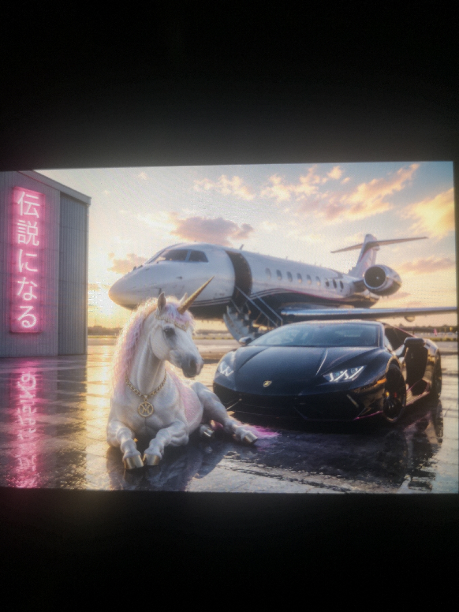A surreal digital artwork depicts a unicorn lying on a wet tarmac next to a black Lamborghini sports car, with a private jet in the background and a building with Japanese text on its side. The building appears to be a hangar for the jet, and a neon sign with Japanese characters is mounted on the wall. The text translates to "Legendary". The sky is a sunset palette of orange and yellow, reflected in the wet ground. The location appears to be an airport apron, but no specific city can be determined.