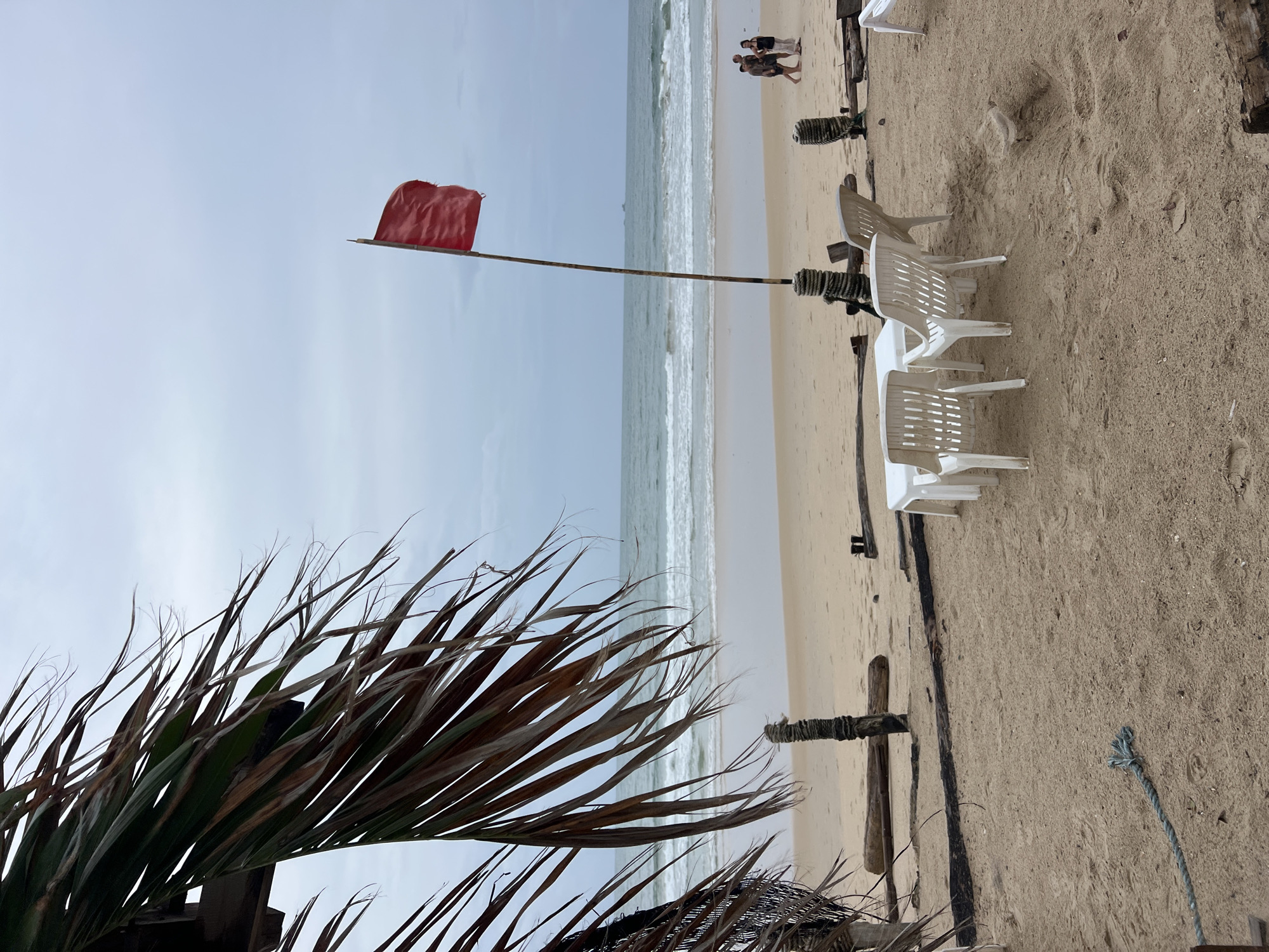 A red flag is planted on a sandy beach, signaling dangerous conditions. In the foreground, white plastic chairs and a table are arranged on the sand, suggesting a seating area. Palm fronds hang from the left side of the frame, partially obscuring the view of the cloudy sky. The ocean stretches out in the background, with gentle waves reaching the shore. Two people are visible walking on the beach in the distance. The scene appears to be an undeveloped or natural beach setting, with some weathered wooden posts and debris present along the shoreline.