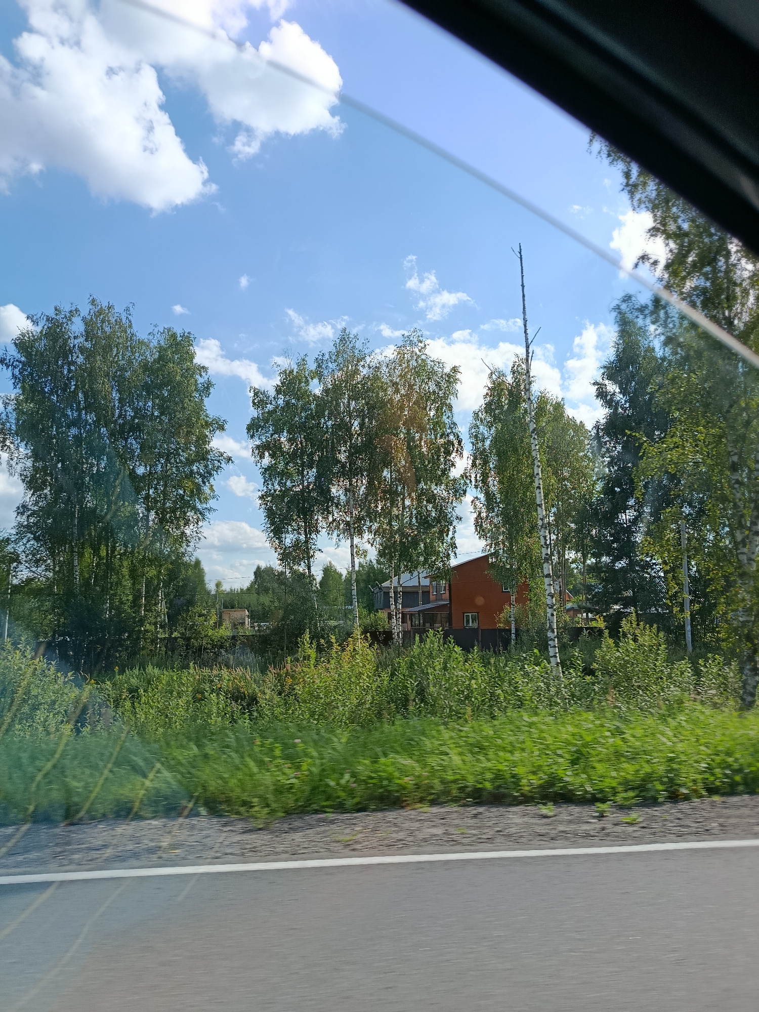 The image captures a sunny day in the city of 1-Go Maya, Russia, as seen through a car window. The foreground shows a portion of an asphalt road with a white line, suggesting movement. Beyond the road, a lush green grassy verge separates it from a dense line of trees, predominantly birch trees with their characteristic white bark, and other deciduous trees. In the middle ground, partially obscured by the foliage, stands a red-brick house with dark roofing and visible windows. The background features a clear blue sky dotted with fluffy white clouds. The overall impression is a serene rural or suburban landscape.