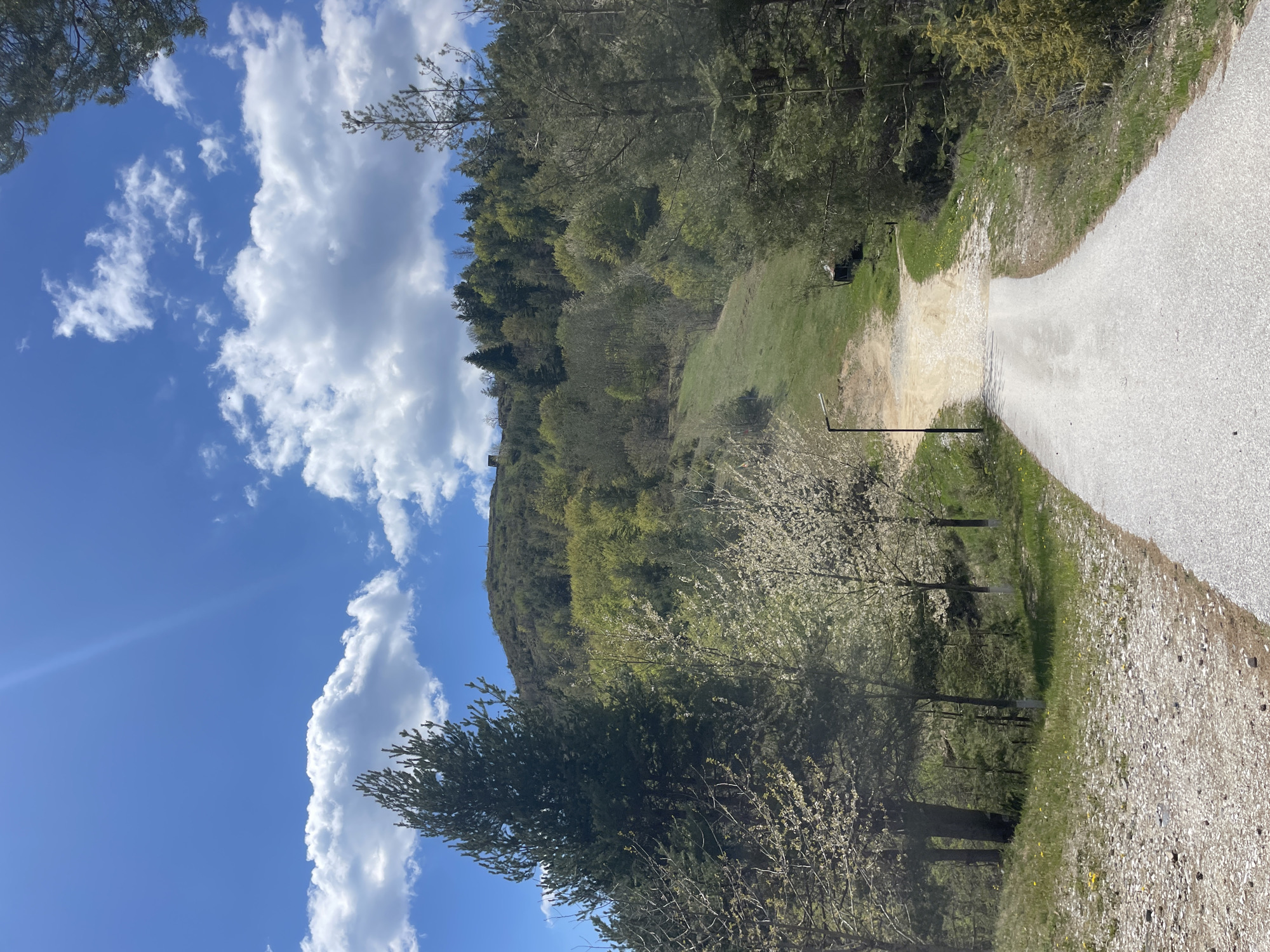 A slightly angled landscape scene shows a road winding uphill. The sky is a vibrant blue with scattered cumulus clouds. A tree line and a grassy hillside run along the left side of the road. The location appears to be a rural or semi-rural setting. The location in the city of Gradat, Bulgaria is not knowable from the image.