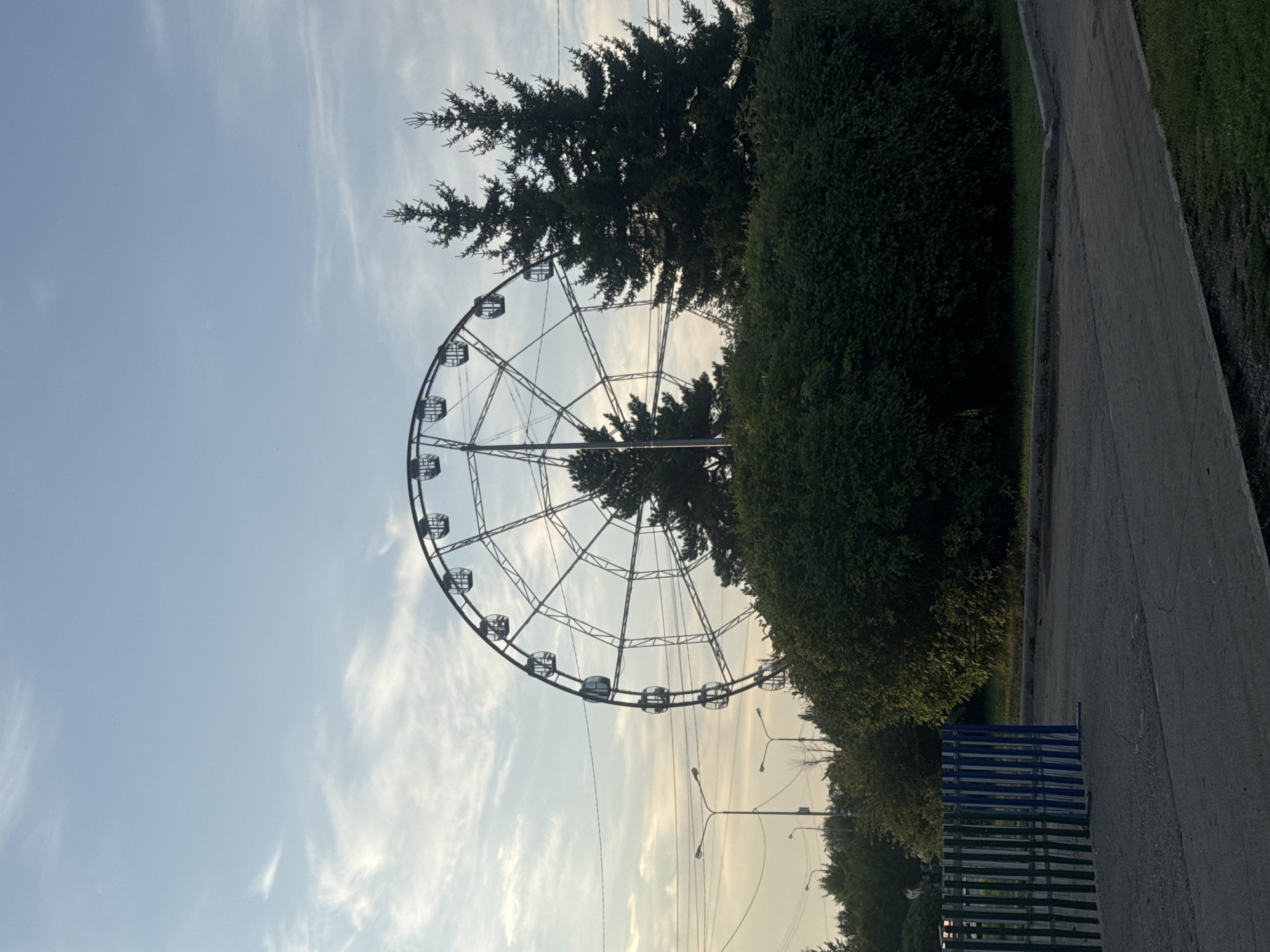 The image captures a Ferris wheel, silhouetted against a hazy sky with wispy clouds. The Ferris wheel is a large, metallic structure with multiple cabins. In the foreground, a dense, dark green hedge forms a barrier. Behind the hedge, two tall, dark green pine trees are visible, flanking the Ferris wheel. Several streetlights are present in the middle ground, with power lines crisscrossing the scene. A section of a fence with vertical slats in green and blue is visible on the left. The ground in the foreground is paved, with a darker asphalt surface. The overall impression is an outdoor scene, likely a park or amusement area, during daylight hours. The location is identified as Irkutsk, Russia.