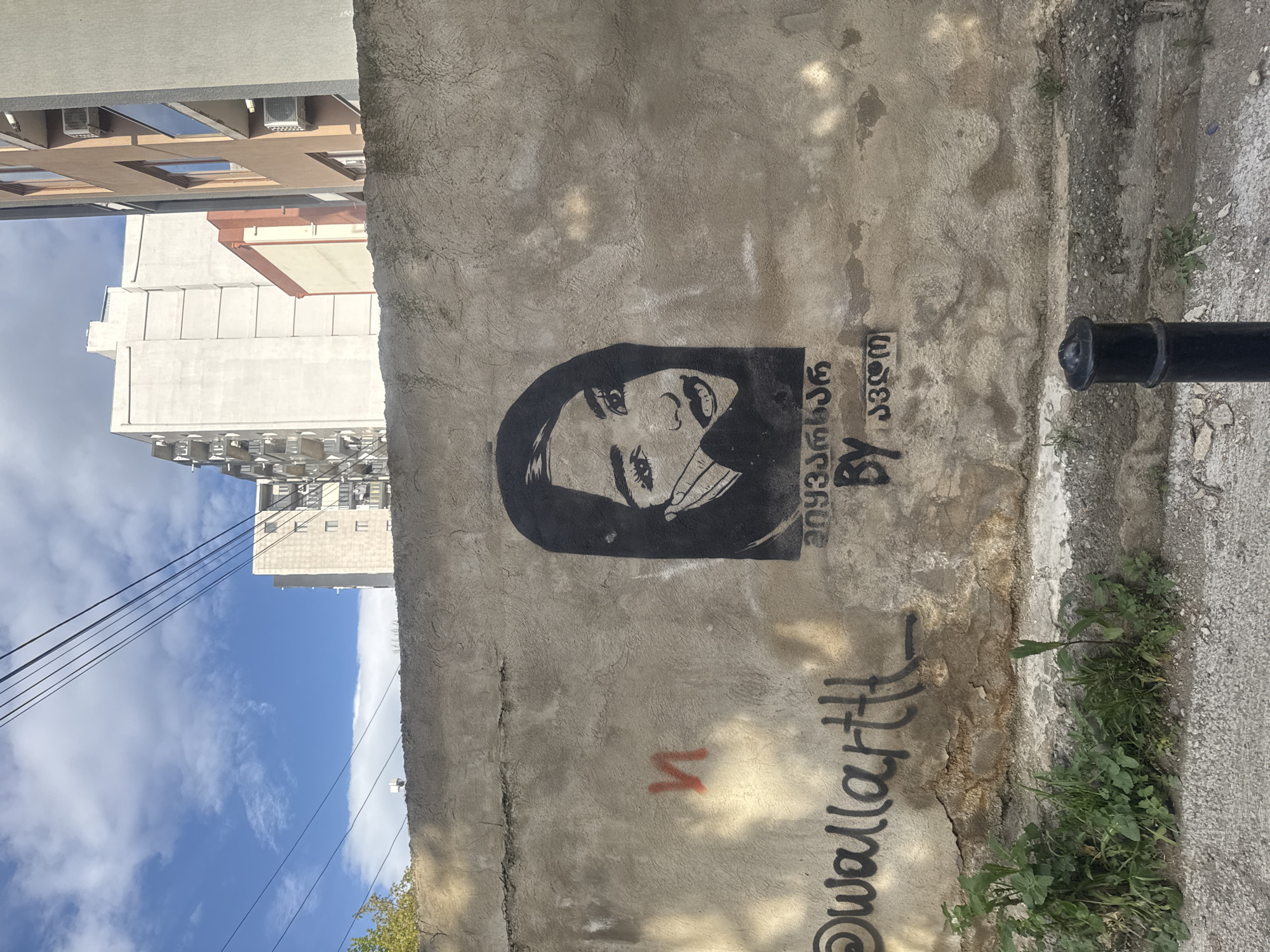 An outdoor, eye-level shot depicts a street scene in Tbilisi, Georgia. A section of a textured, weathered concrete wall serves as the primary focus. On the wall, black-painted graffiti is visible, depicting a woman's face, partially obscured by what appears to be a medical mask. To the right of the face, writing in Georgian script and English, "BY 33em" is present. Below the portrait, more graffiti reads "@Wallartt" in a looping script. A small, faded red symbol resembles an inverted "V" is positioned to the left.
To the right edge of the wall, a short black metal post rises from a concrete surface with patches of green plants sprouting at its base. The wall and post sit adjacent to a sidewalk.
In the background, a mix of buildings is visible. A light-colored building is on the far left, with a repetitive pattern of rectangular windows and air conditioning units. Adjacent to it, a taller, white high-rise building is seen, partially obscured by the first. Above the buildings, a clear blue sky with scattered clouds is visible. Power lines also cross the upper portion of the sky.