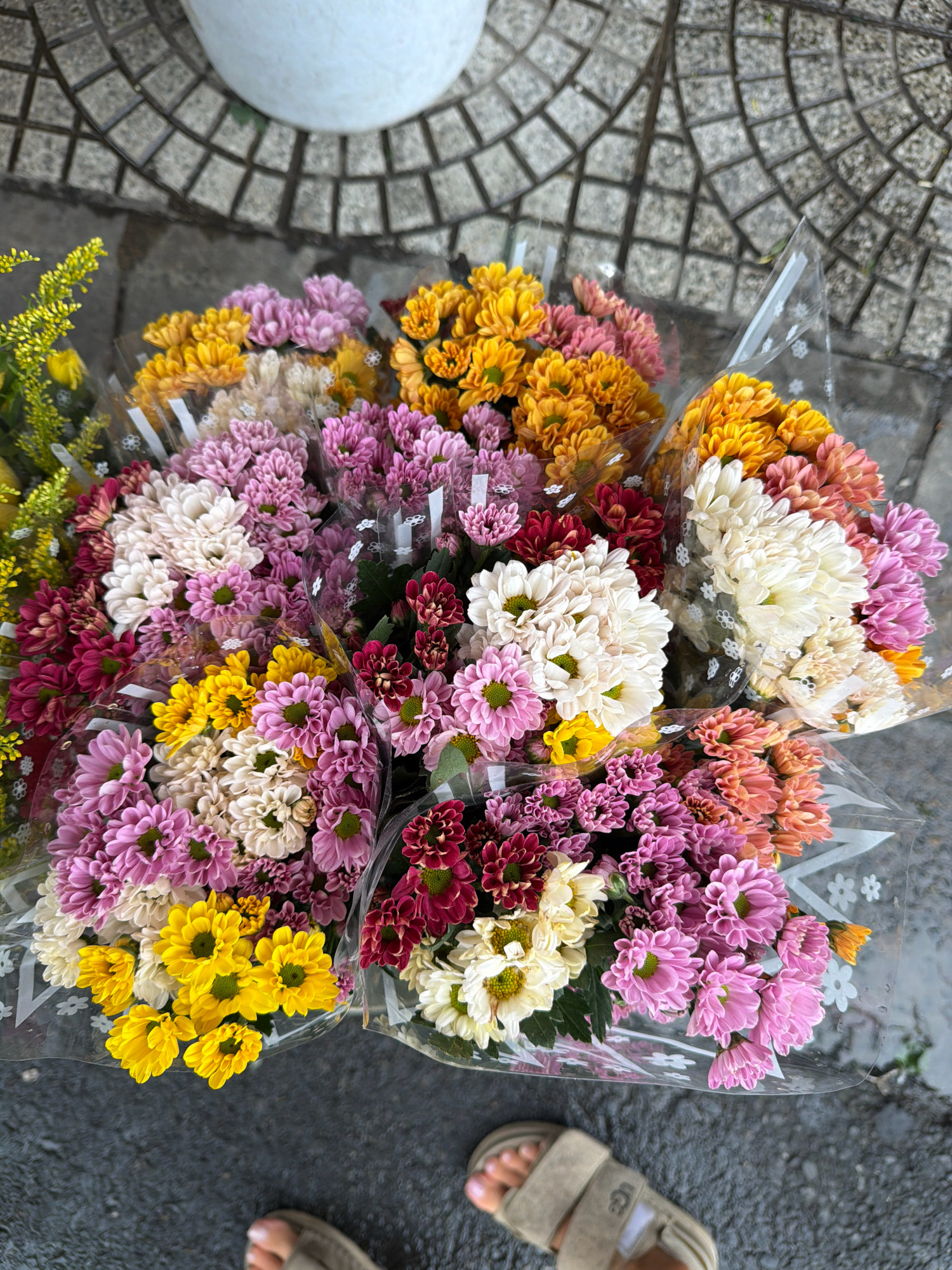 This is a high-angle, medium shot of several bouquets of chrysanthemums on a wet, gray, cobblestone street in Da Nang, Vietnam. The flowers are a variety of colors including pink, white, yellow, orange, and deep red. They are wrapped in clear plastic with a white floral pattern. In the foreground, a person's feet wearing sandals are visible. The overall scene suggests a flower market or a vendor selling flowers on the street.