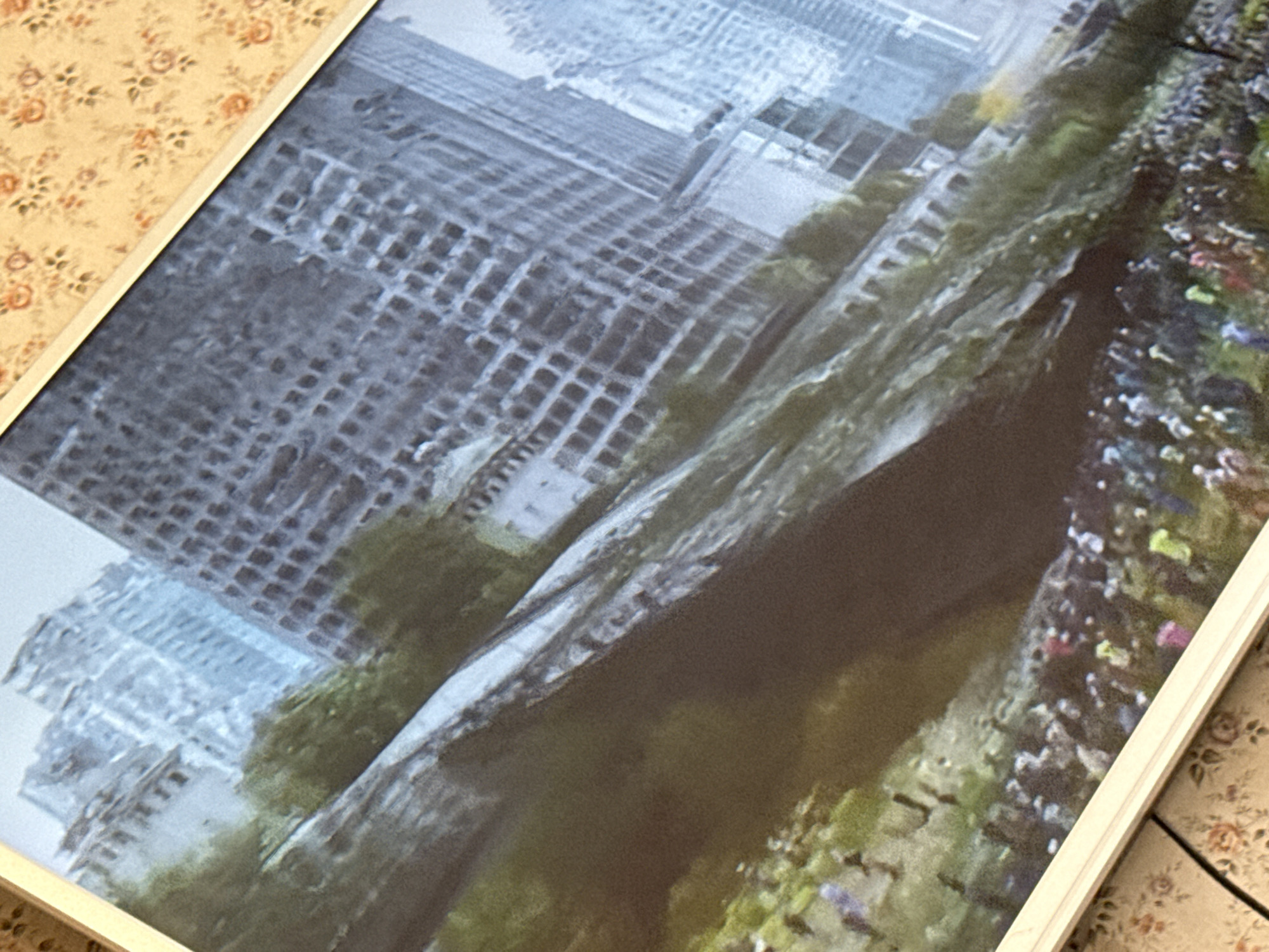 The image shows a framed photograph or artwork depicting a city scene. The scene includes a dense crowd of people lining a street adjacent to a river or large body of water. In the background is a tall, grid-patterned building, likely an office or residential structure. The composition appears to be taken from an elevated perspective, perhaps from a higher building or structure. The exact location is difficult to definitively identify in Mytishchi, Russia without additional contextual information, but the architecture and urban layout suggest a modern, potentially commercial area near a body of water.