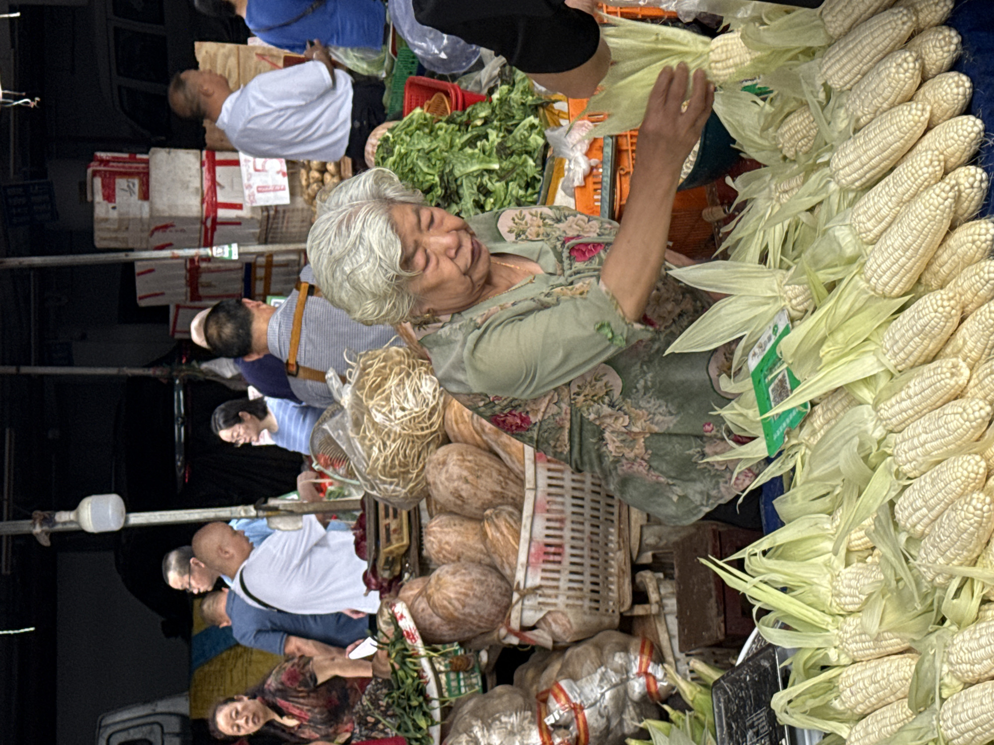 The image depicts a bustling outdoor or semi-enclosed market scene in Jiangjin, China. The central focus is an elderly East Asian woman with white, wavy hair, wearing a green floral-patterned tunic, actively handling white corn cobs in the foreground. Her gaze is directed downwards at the produce, and her right hand is extended over the corn.
To her left, a large white plastic crate is filled with numerous elongated, light brown gourds or pumpkins. Above this, a loosely bundled bag of straw-like material or dried noodles hangs. To her right, a vibrant pile of green leafy vegetables is displayed in a red plastic basket, resting on an orange plastic crate. A partially visible figure, wearing a dark shirt, extends an arm into the frame from the right, interacting with the corn display.
In the mid-ground, behind the central figure, several individuals are visible:
* On the far left, an East Asian woman in a dark patterned top observes the scene.
* Next to her, a bald East Asian man in a white t-shirt with a dark strap over his shoulder stands. Behind him, another man in a blue shirt is visible from the back.
* Further right, a stack of white and red-taped cardboard boxes stands near a vertical metal pole. A white, translucent plastic container is attached to the pole.
* On the right side of the mid-ground, an East Asian man in a white short-sleeved collared shirt and dark pants stands, observed from the back. Next to him, a woman with dark hair and glasses, wearing a light blue striped top, looks towards the right.
* A partially visible black weighing scale is present on the far left foreground, adjacent to the corn display.
The background is dark and indistinct, showing shapes that suggest parked vehicles, indicating an open-air market under a canopy or roof. The overall lighting is bright and even. The scene is characterized by active commerce, with people and various fresh produce items arranged for sale.