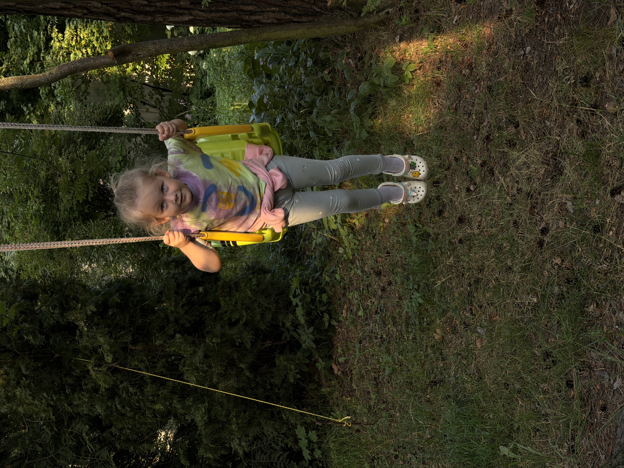 A young child is swinging on a yellow swing set in a backyard. The child has blonde hair and is wearing a tie-dye t-shirt, grey leggings, and white Crocs with various charms. The child's arms are wrapped around the ropes of the swing, and they are looking towards the camera with a slight smile. The swing set is positioned in front of a backdrop of lush green trees and foliage, with a hint of a wooden fence visible in the background. The ground is covered in grass and scattered pinecones, with patches of sunlight breaking through the trees, suggesting it is a sunny day. The overall scene evokes a sense of childhood joy and outdoor play. The image appears to have been taken in the late afternoon, given the warm lighting and shadows.