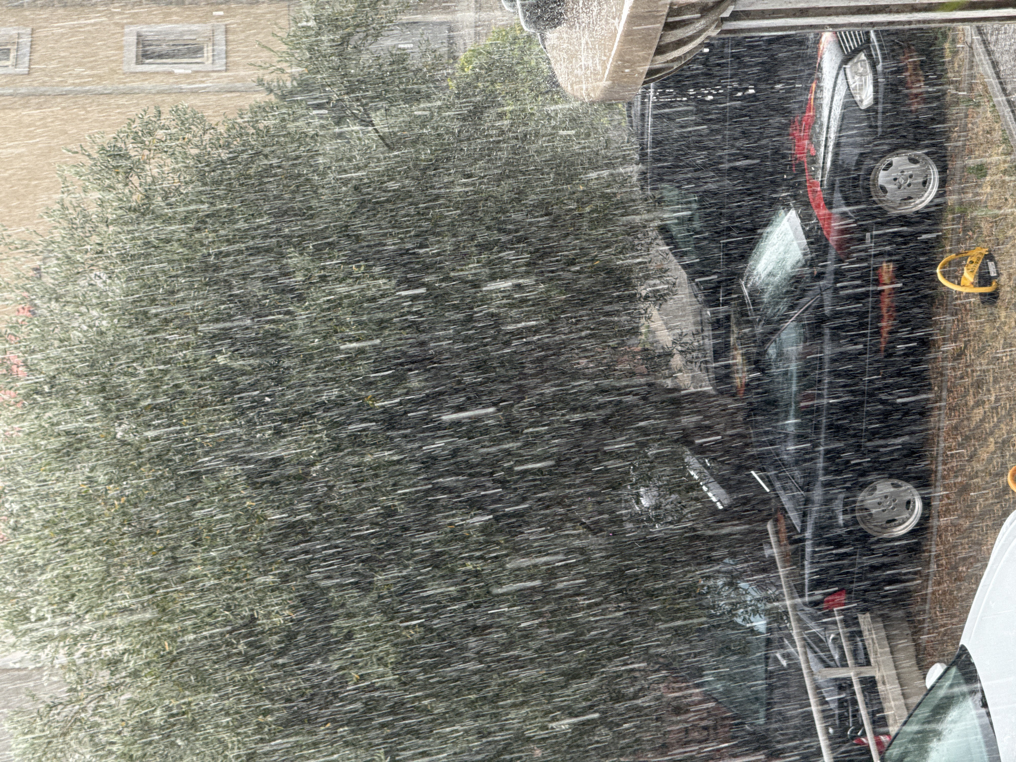 A black convertible Mercedes-Benz car, adorned with red racing stripes, is parked outdoors under a heavy downpour in Trap, Montenegro. The car is positioned on a cobblestone surface. The scene is dominated by the torrential rain, which obscures the view of the surrounding environment. Behind the car, a large, leafy tree provides some shelter. A building with windows is visible in the background, with its facade appearing to be a light brown color. To the right of the frame, a textured concrete structure, possibly a gutter or overhang, is also wet from the rain. A yellow parking restraint is visible on the ground near the front passenger side of the Mercedes. The image captures the raw intensity of a storm, with rain streaks prominently visible throughout the frame.