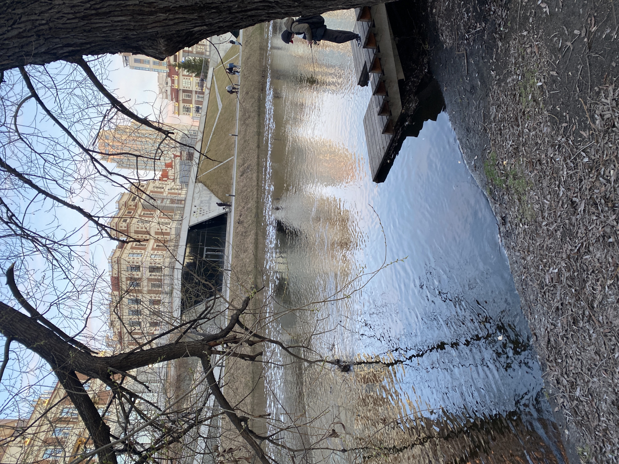 A body of water borders an embankment in what appears to be the city center of Yekaterinburg, Russia. A pedestrian wearing dark clothing and a backpack is fishing off a wooden platform attached to the embankment. Other pedestrians are visible farther along the embankment. Beyond the embankment are modern buildings. The embankment and water are partially framed by tree branches. The ground immediately adjacent to the water's edge is covered with fallen leaves.