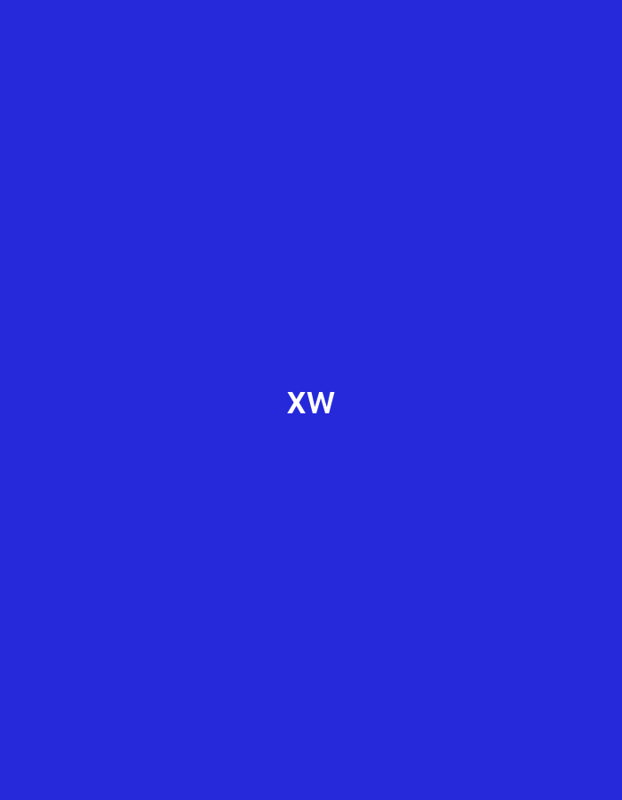 The image displays a solid, uniform royal blue background without any discernible textures or patterns. Centered horizontally, slightly below the vertical midpoint of the frame, are two lines of white, uppercase, sans-serif text. The upper line features the letters "XW" in a larger font size. Directly beneath "XW," and centrally aligned, is the second line of text, "MX," rendered in a smaller font size. No other subjects, objects, or environmental details are present within the image. The scene is situated in the city of Casablanca, Morocco.