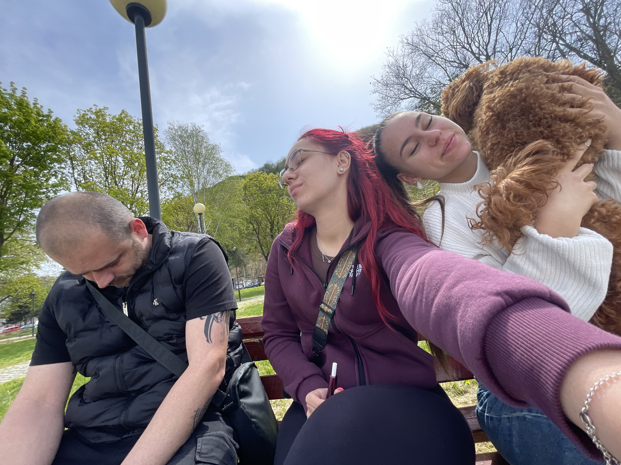 Three individuals are sitting on a park bench. A man with a shaved head and a black vest is sitting on the left, looking down. A woman with red hair and glasses is seated in the middle, holding what appears to be a pen or cigarette. To the right, a woman is holding a brown poodle with her eyes closed. The background shows greenery with trees, suggesting a park location. A lamppost is visible behind the man, and the scene appears to be taken in daylight under a sunny sky.
The photograph was taken in the city of Nikopol, Bulgaria.