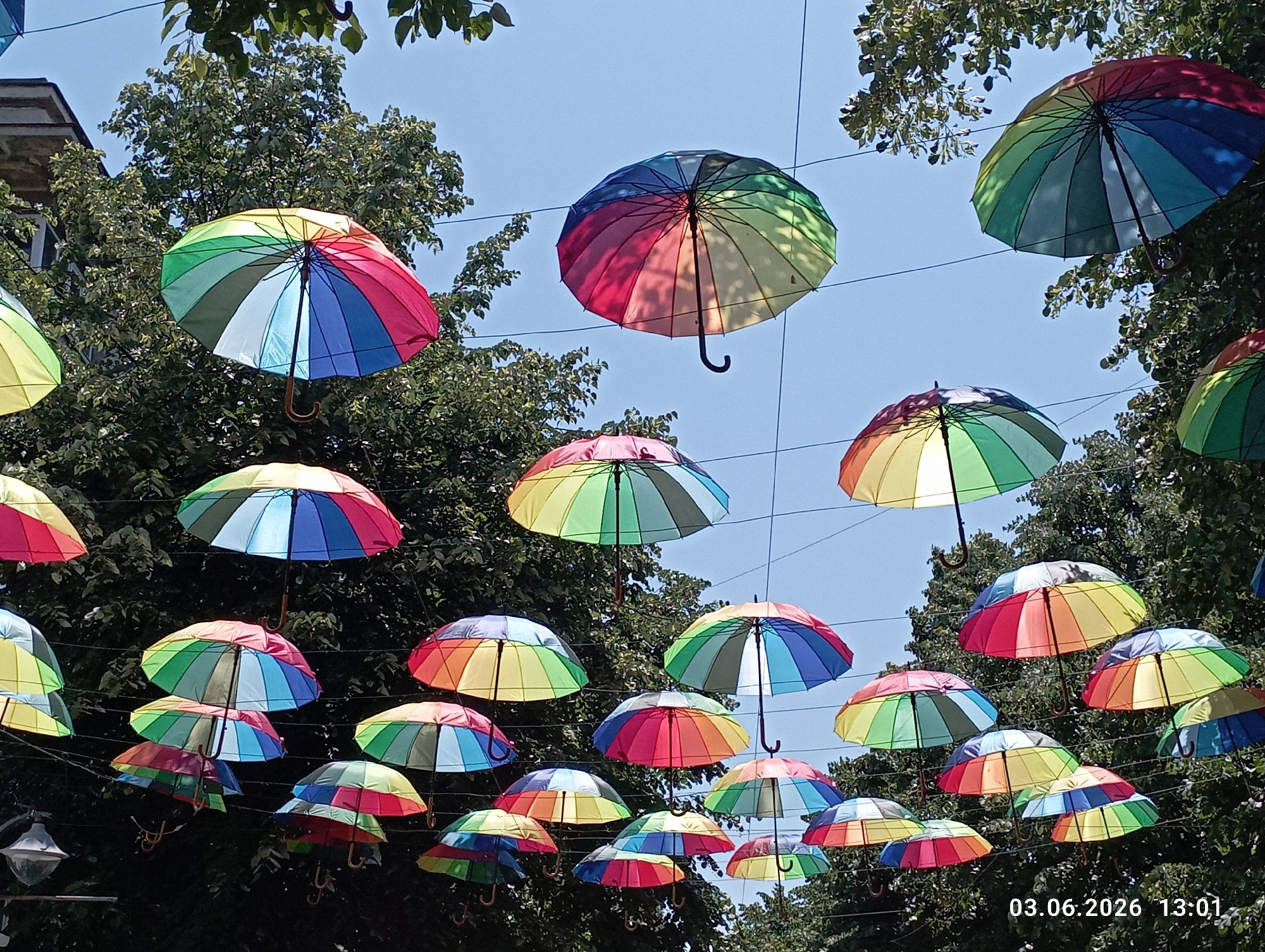 The image captures an outdoor scene filled with numerous vibrant, multi-colored umbrellas suspended overhead, forming a cheerful canopy against a clear blue sky. The umbrellas are mostly striped with rainbow colors like red, orange, yellow, green, blue, and purple, and are hung from thin wires crisscrossing the sky.
Lush green trees with dense foliage frame the top and sides of the scene, suggesting a public street or pedestrian area lined with trees. Hints of building structures are visible in the upper left background, indicating an urban setting. A portion of a street lamp or decorative light fixture is visible in the lower left corner of the frame.
No people are visible in the image. The arrangement of the umbrellas serves as street art or festive decoration, creating an inviting and lively atmosphere, possibly for an event or as a permanent installation.
The bright blue sky and the visible shadows on the umbrellas and foliage indicate a sunny day, likely during midday or early afternoon. This is corroborated by the timestamp "03.06.2026 13:01" in the bottom right corner, which indicates 1:01 PM. The location is contextualized as Burgas, Bulgaria.