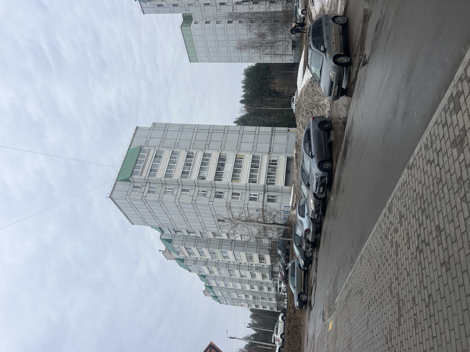 The image depicts a street scene in what appears to be a residential area in Chaikovsky, Russia. The focus is on a row of parked cars along the side of a street bordering a large, Soviet-era apartment building, likely constructed of prefabricated concrete panels. The building has a repetitive pattern of windows and light green trim.
The sky is overcast. Evidence of slush and melting snow can be seen along the side of the road and near the cars, indicating a recent thaw. A second, similar apartment building is visible further down the street. A small wooded area is visible between the buildings.
Several vehicles are parked along the curb. A few people can be seen walking between the two taller buildings. The street is paved and there is a cobblestone-style walkway or sidewalk. Electrical wires are strung across the scene.
