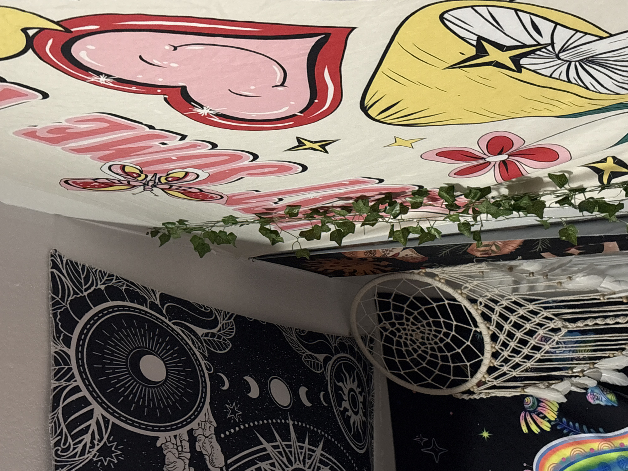 A wall tapestry depicting various colorful, cartoon-like images is prominently displayed. The tapestry features a large pink heart with a smiling face, a yellow mushroom with a star inside, and pink flowers. A string of artificial ivy is draped along the tapestry. To the left, another tapestry with a celestial, black and white sun and moon design is visible. A white dreamcatcher with feathers hangs from the top of the frame, partially obscuring a black tapestry with colorful celestial designs. The overall scene appears to be indoors, likely a bedroom, with a focus on decorative wall hangings. The location of this scene within Gaylord, United States of America, cannot be determined from the provided image.