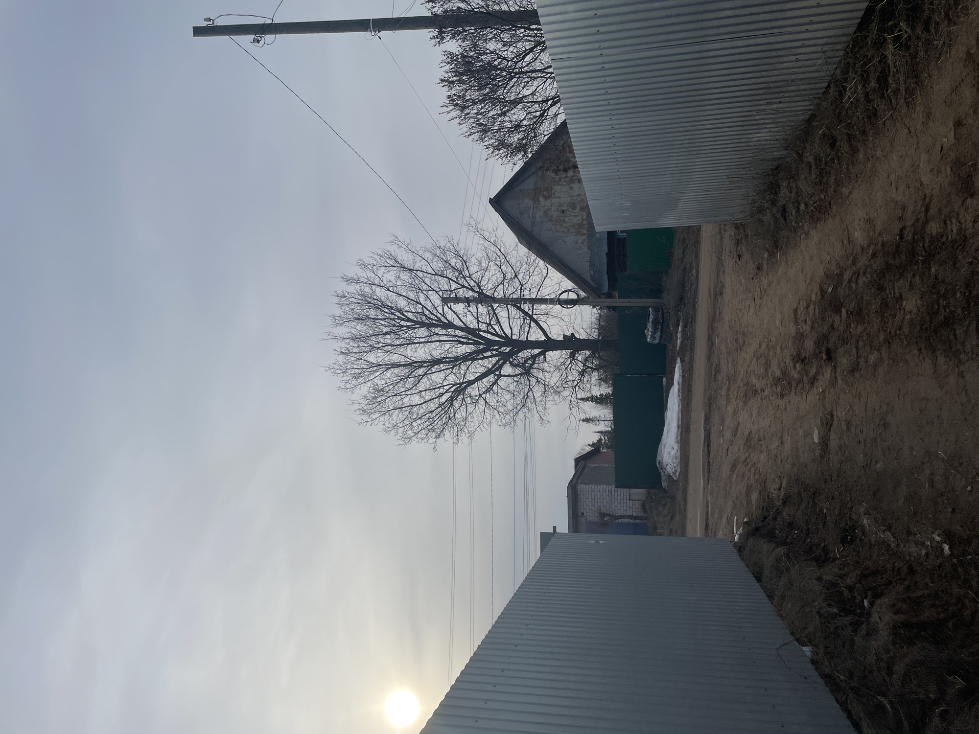 The image shows an alleyway in Ольховка, Russia, bordered by corrugated metal fences. A dirt road runs between the fences. A leafless tree stands near a building with a peaked roof and green accents. Overhead, power lines stretch across the sky, connected to a utility pole. The sky is overcast and the sun is visible near the bottom of the frame. Patches of snow are present along the side of the road. Another building is visible further down the alley.