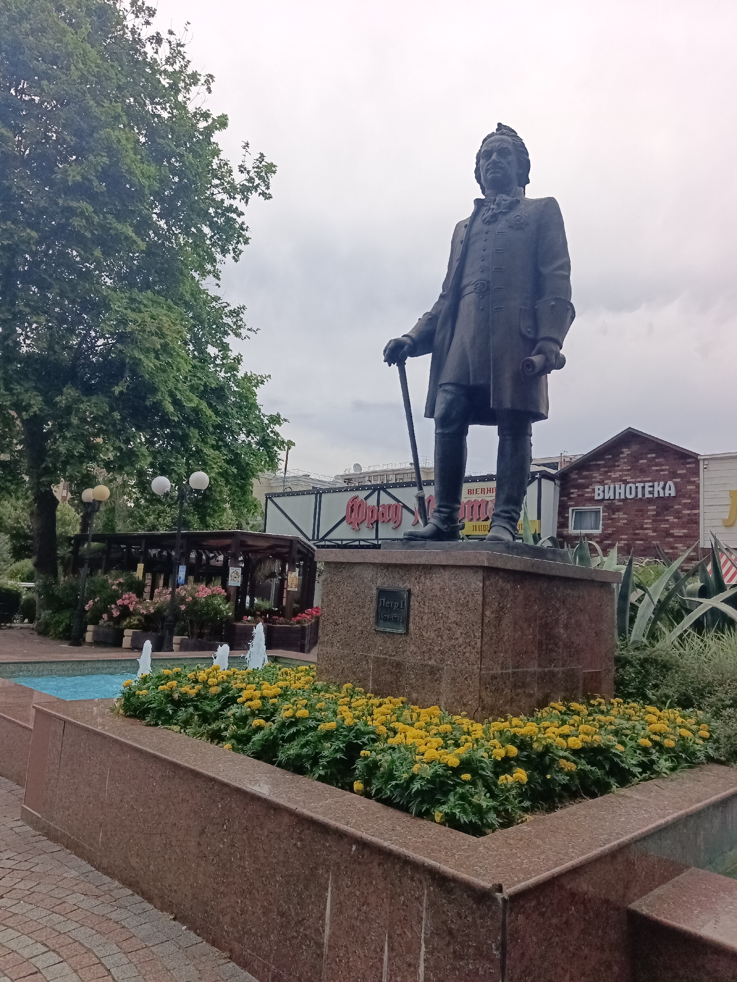 The image shows a bronze statue of Peter I (1672-1725) located in Sochi, Russia. The statue depicts Peter I standing and holding a cane in his left hand and a scroll in his right hand. He is dressed in a historical military uniform. The statue is mounted on a granite pedestal, which has a plaque with his name and dates.
In the foreground, there is a planter filled with bright yellow marigolds. Behind the statue, there is a small fountain with blue water and a paved walkway. A large tree with green leaves is visible to the left of the statue, and a building with a brick facade and the Cyrillic word "ВИНПОТЕКА" (Vinoteka, meaning wine shop) is located in the background to the right. There are also some other structures and greenery visible in the background. The sky is overcast.