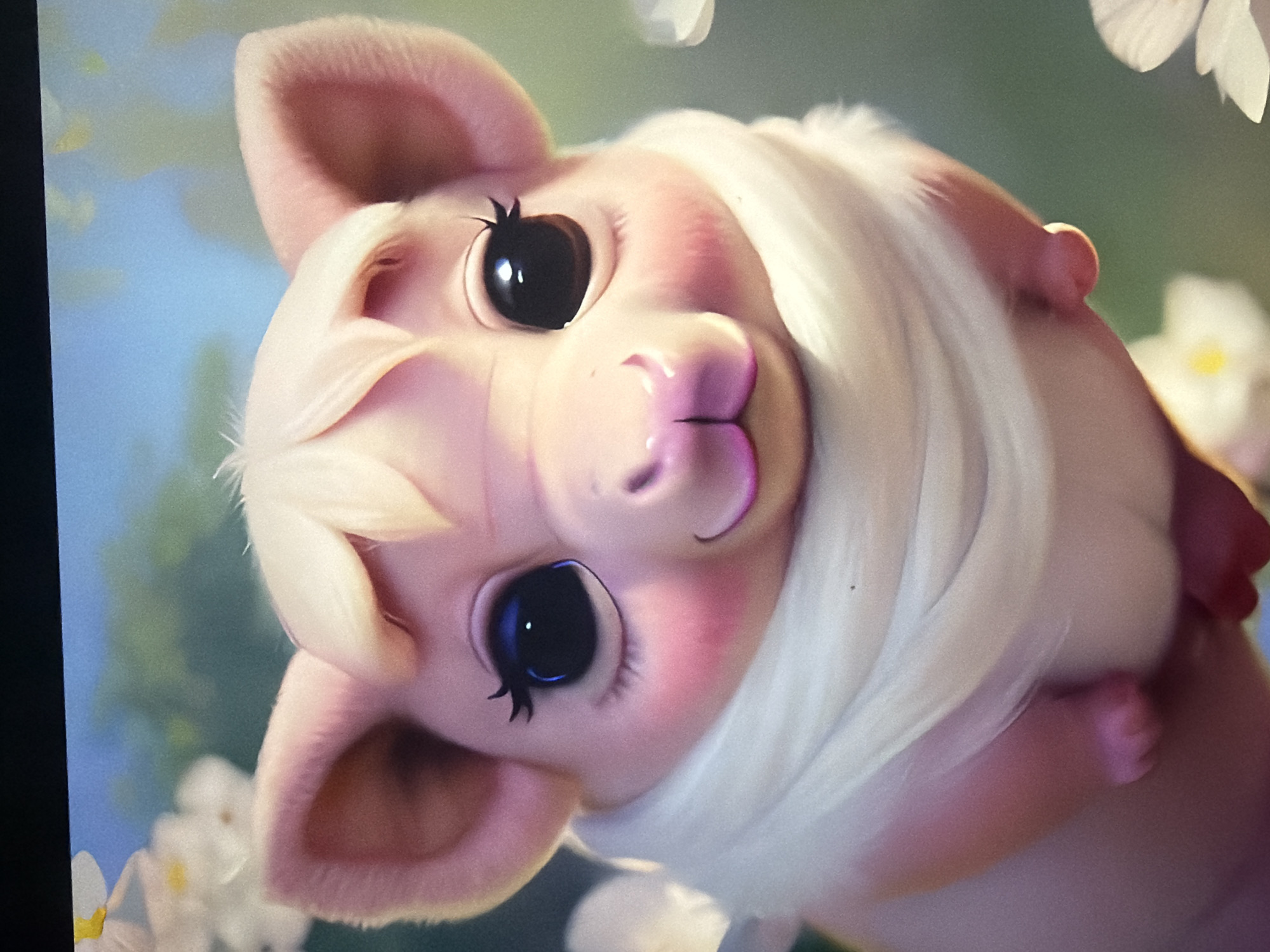 The image depicts a close-up, digitally rendered illustration of a stylized, cartoonish piglet. The piglet is pink with large, dark, glossy eyes and rosy cheeks. It has small, pointed ears and a short snout with pink nostrils. A white scarf is wrapped around its neck. The background is softly blurred, suggesting a natural outdoor setting with hints of green foliage and white flowers. The piglet is looking directly at the viewer with a gentle expression. There is no identifiable location in the city of Kyiv, Ukraine, or any indication of real-world events.