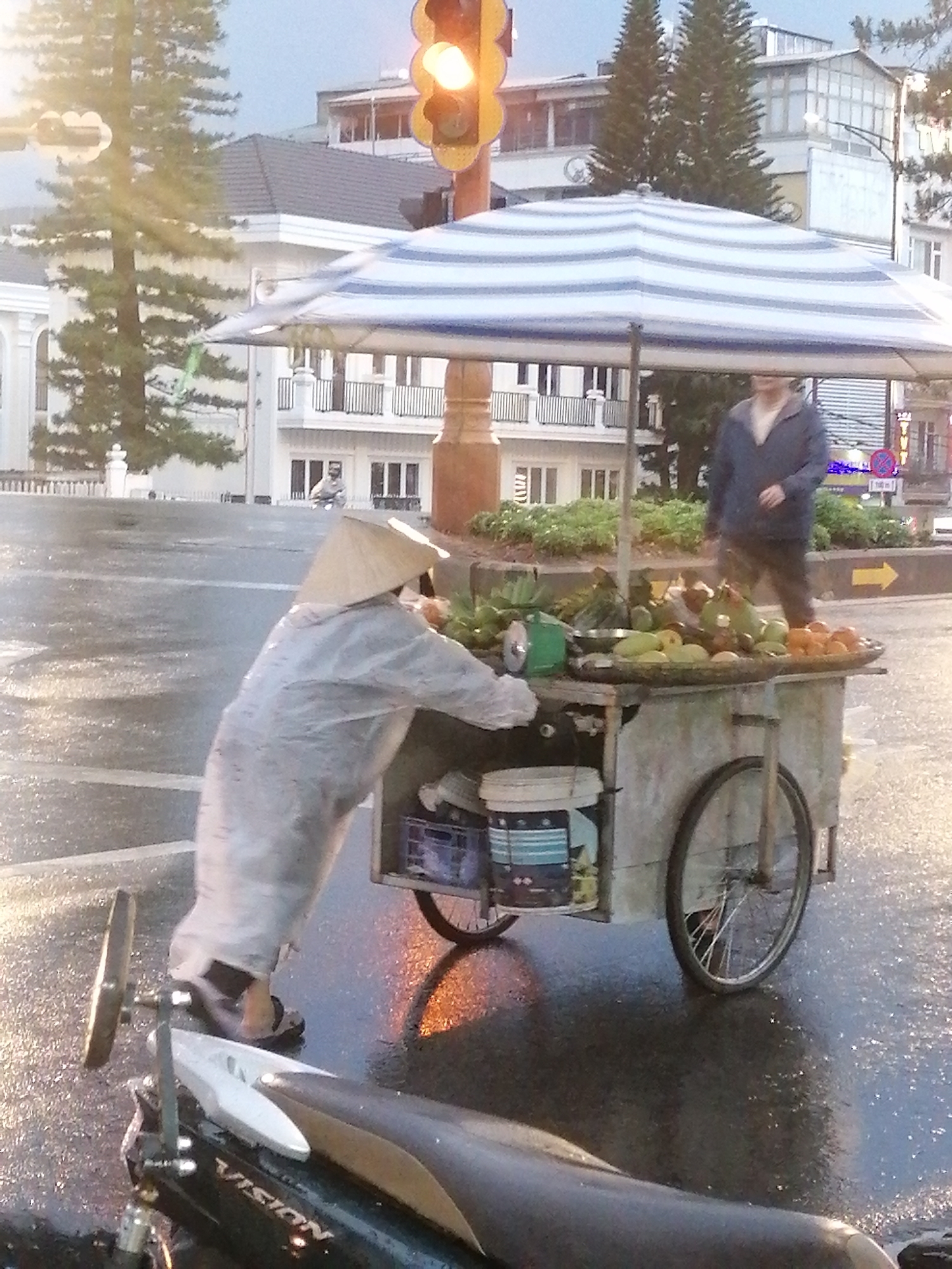 Captured on a wet street in what appears to be Da Lat, Vietnam, the image portrays a street vendor's cart. The vendor, clad in a conical hat and a rain poncho, is actively attending to the cart. A customer stands beside the cart. The cart itself, sheltered by a striped umbrella, is laden with a variety of fruits. A motorcycle is parked to the front. In the background is a building that suggests the urban setting of Da Lat. A traffic signal is visible. The wet street reflects light, adding to the rainy atmosphere.