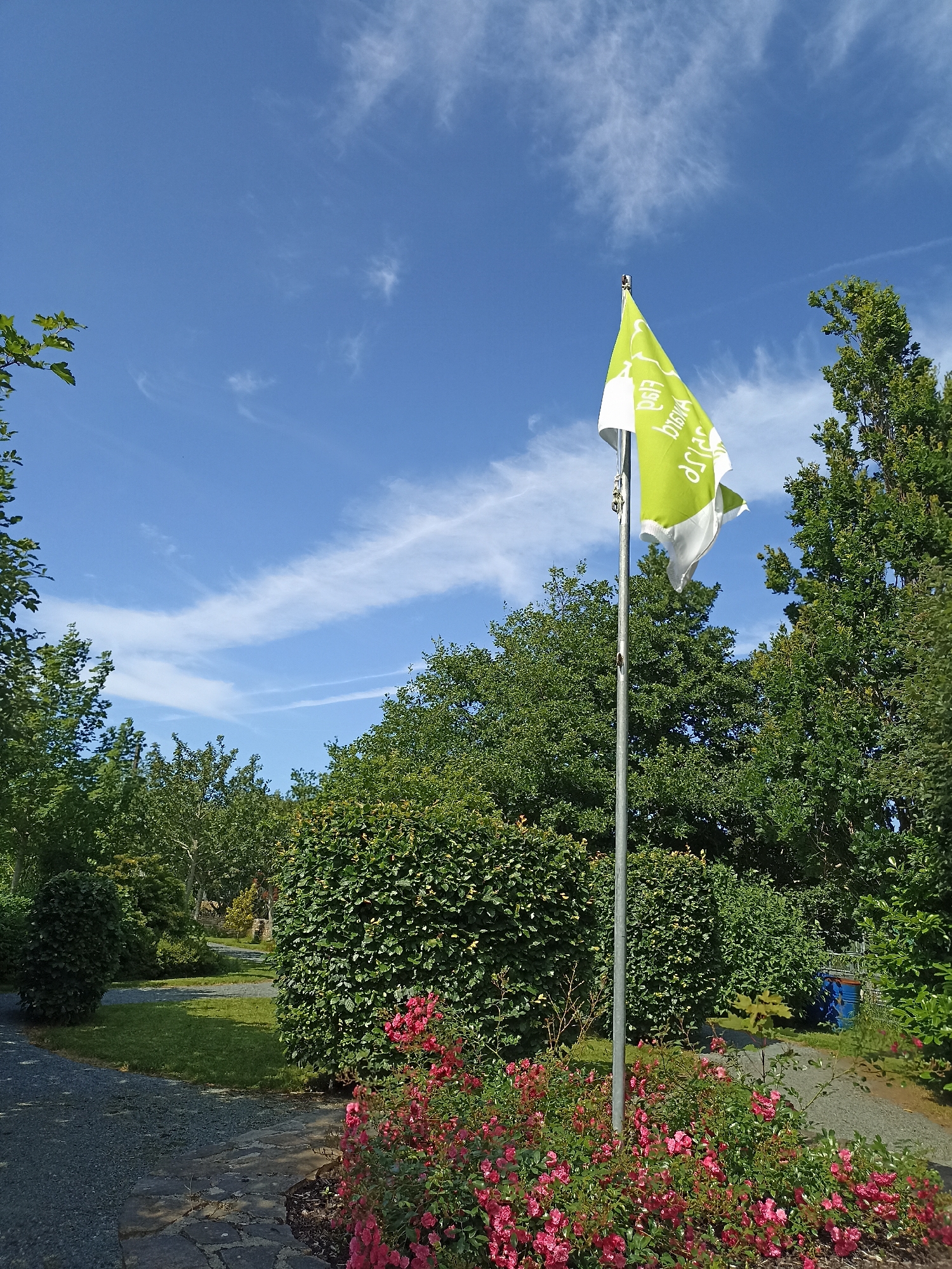 A green and white flag with text is planted on a metal pole in a garden. The flag is illuminated by the sun. Behind the flag, there are lush green trees and bushes. In the foreground, there is a bed of pink roses. The ground is covered with gravel and stone paths, and there is a patch of green grass. The sky above is a clear blue with scattered white clouds. The image appears to have been taken in Dungloe, Ireland, based on the information provided.