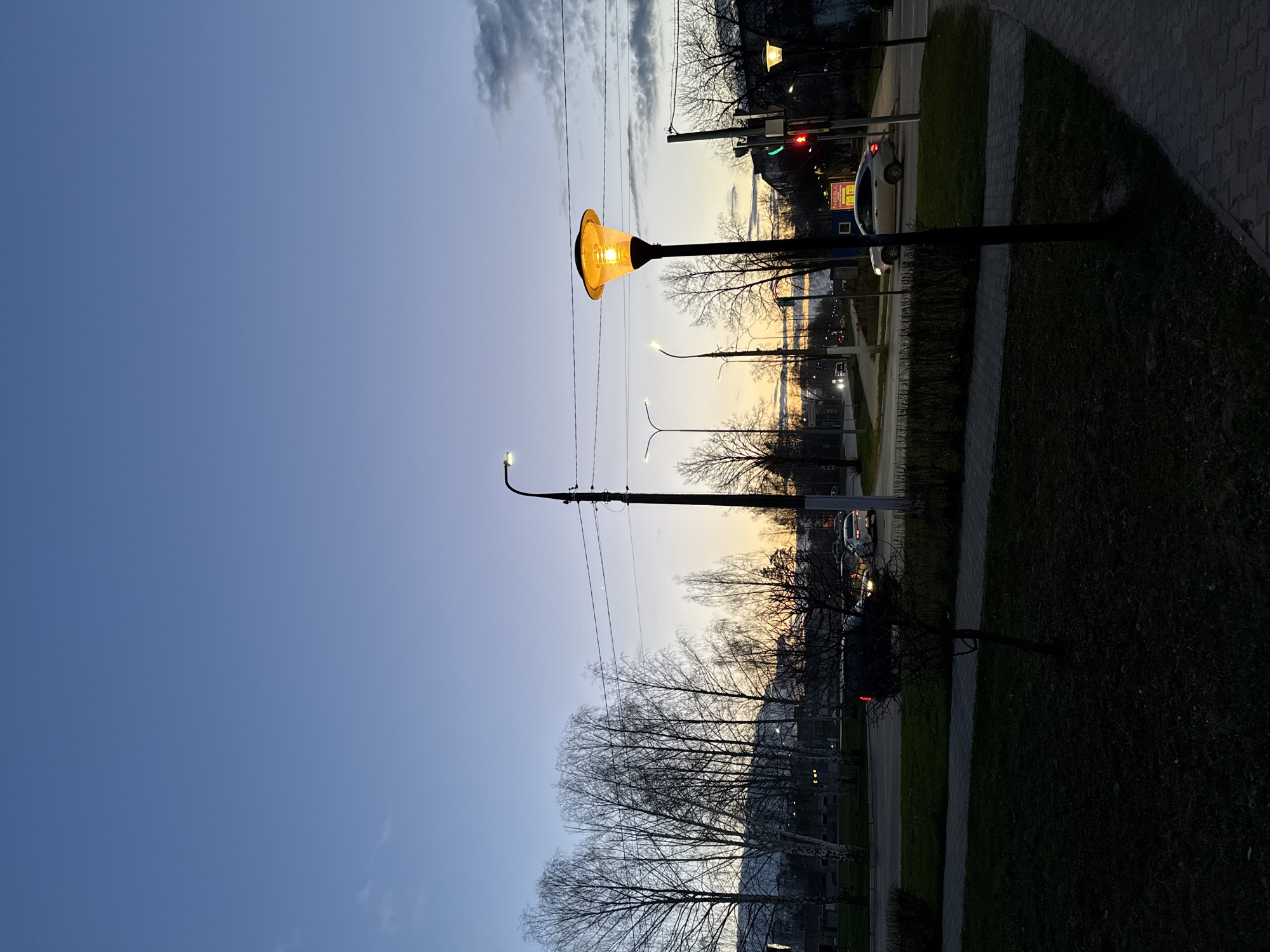 This image captures an urban or suburban street scene at dusk or early evening. The sky transitions from a deep blue at the top to warm orange and yellow hues near the horizon, indicating twilight. A few wispy clouds are visible in the upper sky.
In the foreground, a prominent street lamp with a bright, warm yellow light stands tall on the right side of the frame. Further down the street, other street lamps are also illuminated, casting their glow. A network of utility poles and overhead wires crisscrosses the sky.
The scene includes a paved road with several vehicles, some parked and others showing illuminated headlights or taillights. A white car is partially visible near a traffic light. A concrete sidewalk runs parallel to the road, bordered by patches of dark green grass. Bare deciduous trees with their intricate branch patterns line the street, their silhouettes stark against the twilight sky.
A traffic light displaying a red signal is visible on the right side of the road. Below it, a red sign with white text clearly reads "PARKING." In the distant background, indistinct buildings are visible, some with illuminated windows, blending into the fading light. The overall atmosphere is quiet and transitional, as the artificial lights begin to dominate the fading natural light.
