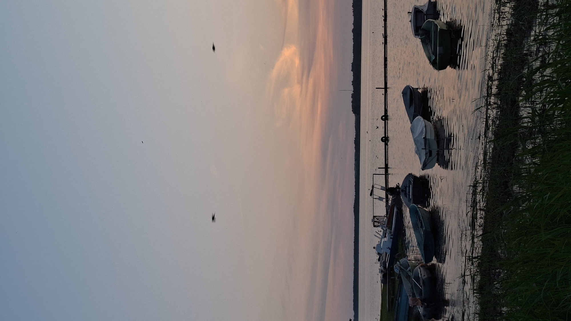 The image depicts a serene sunset scene at a lake in Myadzyel, Belarus. The sky is a gradient of soft blues and pinks, with wispy clouds catching the fading light. Several small boats are anchored in the calm water near the shore. Some are pulled up on the grassy bank, while others float gently on the water. A wooden pier extends into the lake in the middle ground. The water reflects the colors of the sky, creating a peaceful atmosphere. Two birds are visible in the sky, appearing as small silhouettes against the soft light. The foreground is dominated by lush green grass, adding to the natural beauty of the scene.
