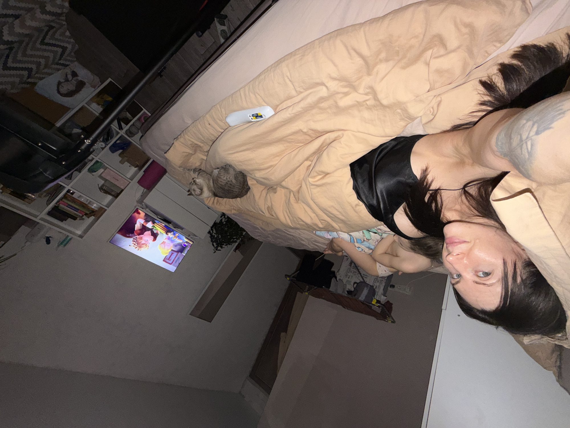 The image is taken indoors and shows a bedroom scene. A person is lying in bed, presumably taking the picture from their perspective. They have dark hair and are wearing a black top. Part of their tattooed arm is visible. Beside them, tucked under the beige duvet, is a gray tabby cat. On the left side of the frame, there's a TV playing a cartoon, and a bookshelf is visible. Behind the bed, a glimpse of what appears to be a window with a green plant can be seen. A small child is under the covers. A white remote control sits on the bed. Based on the information available, the location cannot be determined to be in Perm, Russia. There is no indication of the city in the image.