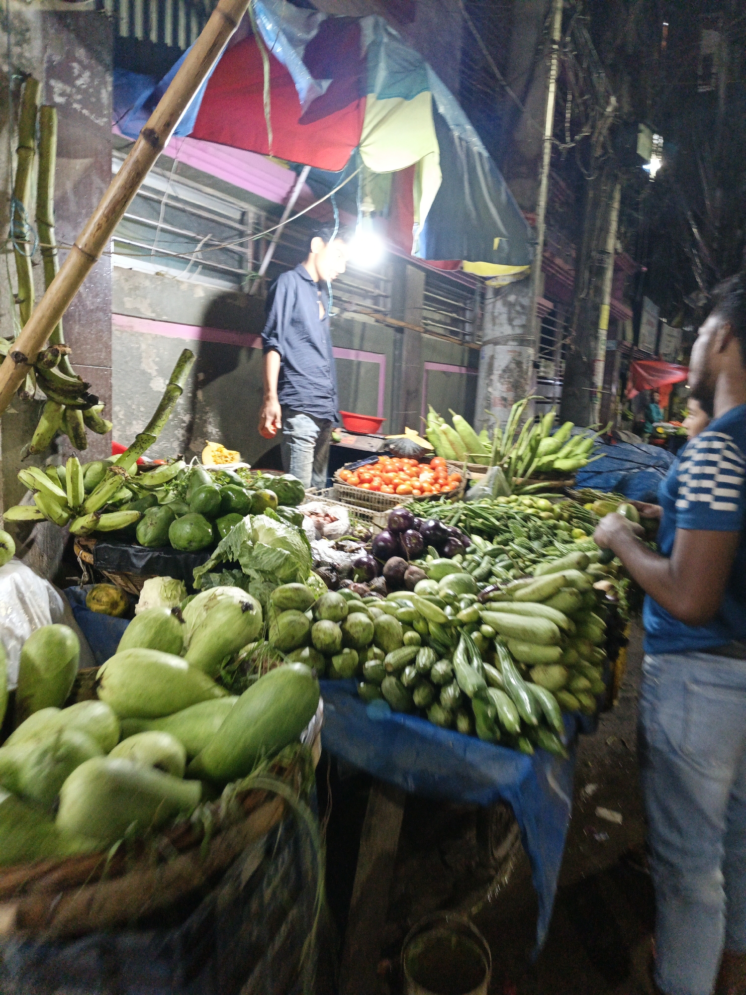 Here is a detailed description of the image:
The image captures a bustling outdoor market scene, likely at dusk or night, as suggested by the presence of artificial lighting. A vendor wearing a dark blue shirt and jeans stands behind a stall overflowing with a variety of fresh produce. The stall is covered with a blue tarp, and the assortment of fruits and vegetables includes bananas, green coconuts or avocados, cabbage, tomatoes, eggplants, and various types of gourds and beans.
To the right of the frame, a second vendor, dressed in a blue shirt with white stripes on the sleeves and light blue jeans, appears to be interacting with a customer or arranging the produce. Overhead, a colorful, makeshift canopy constructed from pieces of tarp protects the stall from the elements. A light bulb hangs from the canopy, illuminating the scene.
In the background, a building with a closed roller shutter is visible, and bamboo poles support the canopy structure. Electrical wires are strung across the upper part of the frame, suggesting an urban environment. The image has a slightly blurry quality, indicating it may have been taken with a handheld camera, and the setting appears to be in a city of Unknown, Unknown.