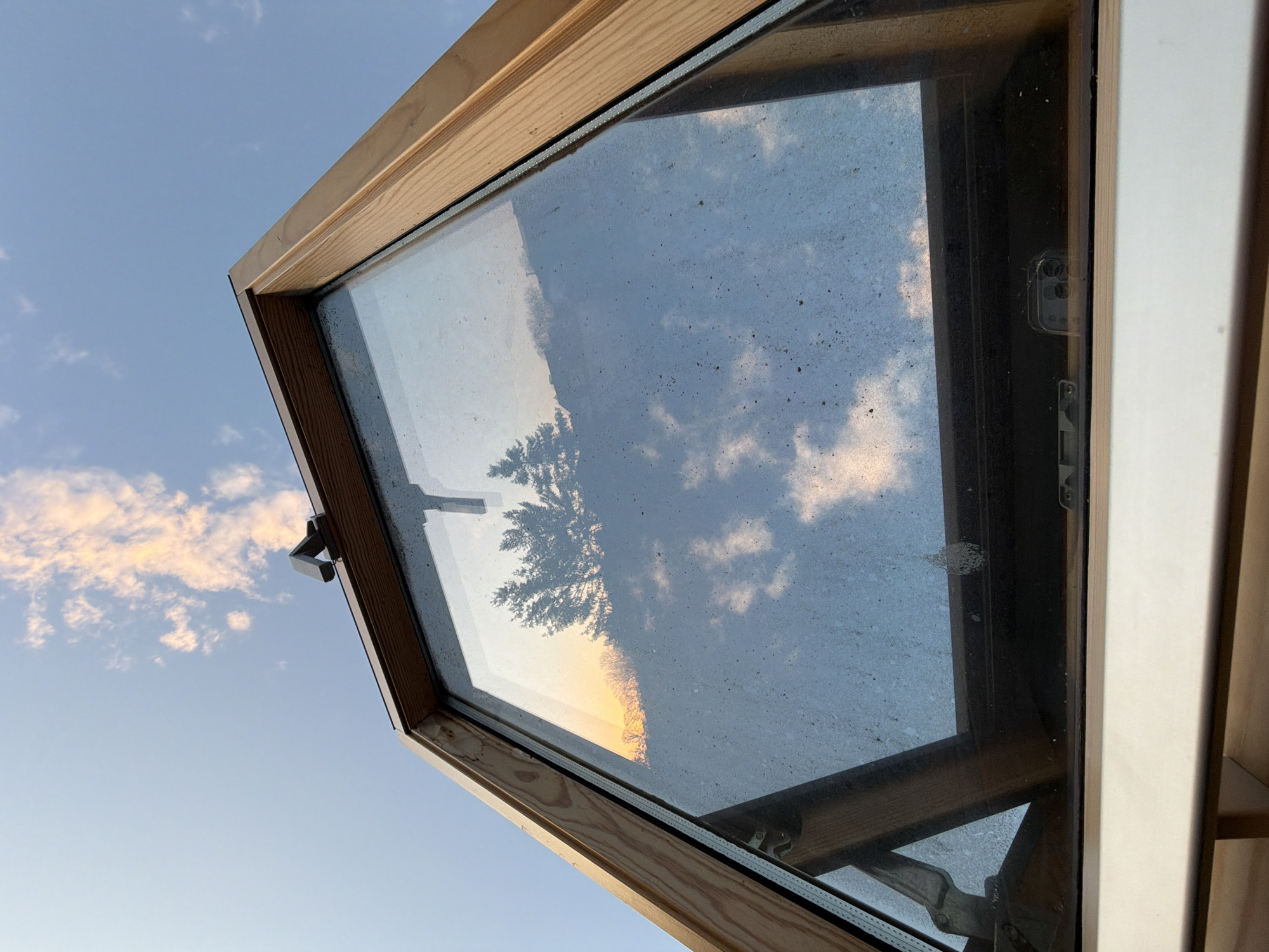 The image shows an open window with a reflection of trees, clouds, and a sunset-like glow on the dirty glass surface. The window frame is made of wood and metal. The scene appears to be shot from a low angle, looking up towards the sky. The location is not discernable.