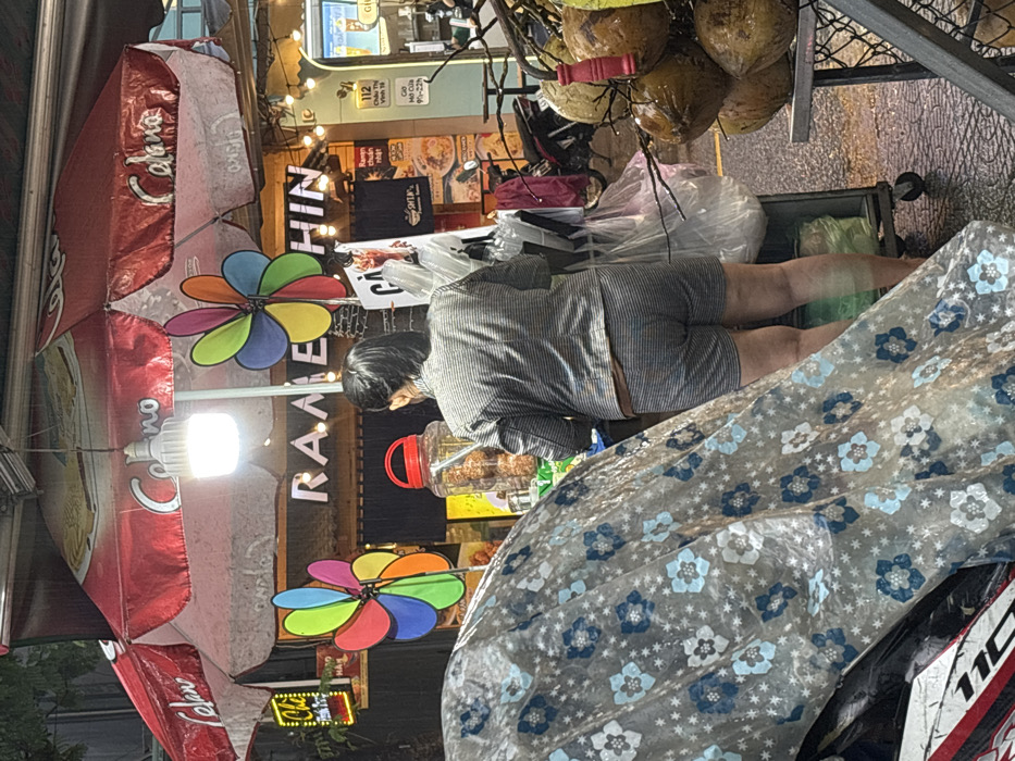 This image captures an outdoor street food scene during the evening in Ngũ Hành Sơn Ward, Vietnam. The ground is wet, suggesting recent rain.
In the foreground, a motorcycle covered by a transparent plastic sheet adorned with blue and white floral patterns is partially visible on the left. On the right, a metal stand holds a cluster of fresh coconuts, some still attached to their stems, with a red handle visible on the stand.
In the mid-ground, an individual, viewed from the back, stands facing a mobile vendor cart. This person has dark hair pulled back and is wearing a horizontally striped grey and white long-sleeved top and matching shorts. They are positioned behind a small, wheeled cart from which several clear plastic bags are hanging. On the cart, a large clear plastic jar with a red lid contains what appear to be fried food items.
The background features a food stall illuminated by a bright LED light bulb suspended from a red and white striped awning branded "Celano." Below the awning, white letters spell "RAMEN HIN" against a dark background, flanked by two large, colorful pinwheels. Various other signs are visible, including a yellow sign with "Chí" and "GOOD HAI," a sign displaying "SHTA'S" and food images, and another sign listing "112 Châu Thị Vĩnh Tế" and "Giờ Mở Cửa 9h-22h." String lights with small bulbs adorn the stall structure. Another motorcycle is partially visible parked further down the street on the right.