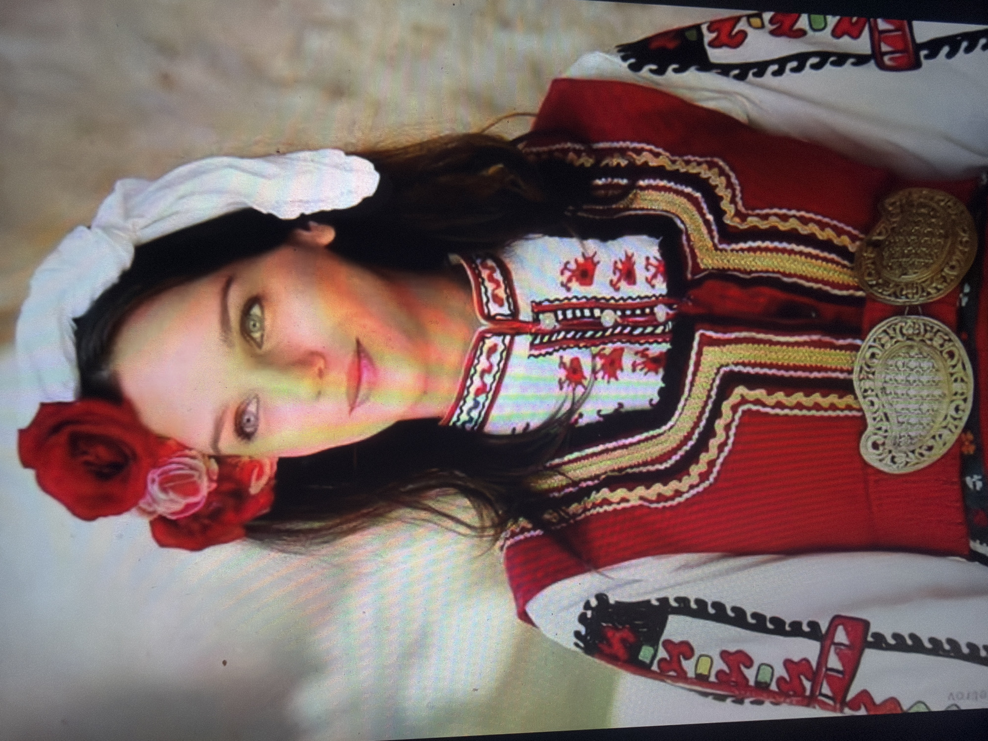 The image, reportedly set in Shumen, Bulgaria, portrays a young female subject in a close-up, chest-up portrait. She has dark, loose hair and fair skin. Her eyes exhibit a green hue, and her lips are tinted red. A slight, neutral expression is present as she gazes slightly to her left (viewer's right). On the right side of her head (viewer's left), a white ruffled fabric piece is visible, while two red roses, one large and one smaller, are positioned on the left side (viewer's right). She wears a traditional folk costume consisting of a white long-sleeved blouse with a stand-up collar, intricately embroidered in red, black, and gold patterns along the collar, central placket with visible buttons, and sleeves. Over the blouse, a red sleeveless garment, possibly a vest or dress, is worn, featuring elaborate gold, black, and red trim around the neckline and down the front. Two ornate, circular, golden-colored metal buckles with filigree designs are fastened at her waist. The background is soft-focused, light-colored, and mottled, indicating an indistinct outdoor or studio setting. The subject's face is illuminated with a noticeable warm color cast. The image itself exhibits visible pixelation and color banding, consistent with a photograph of a digital display or a lower-resolution digital capture.