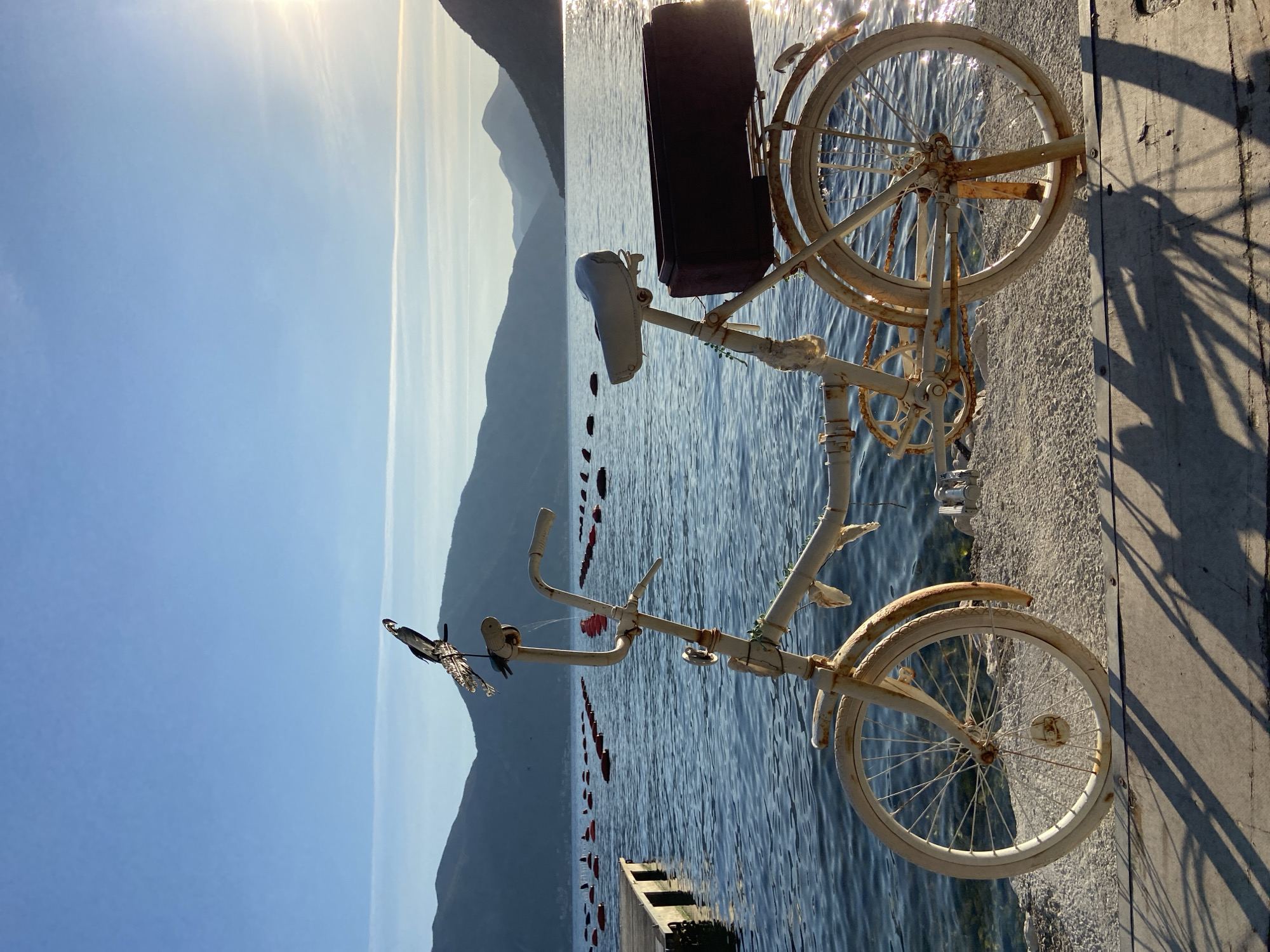 A weathered, white-painted bicycle with a brown suitcase strapped to the back stands on a concrete dock in Donji Orahovac, Montenegro. The background features the calm blue water of Kotor Bay, with mountains visible in the distance under a clear sky and bright sunlight. The bicycle has decorative elements like a bird figure and a red ribbon tied to the handlebars. Red markers are visible in the water.