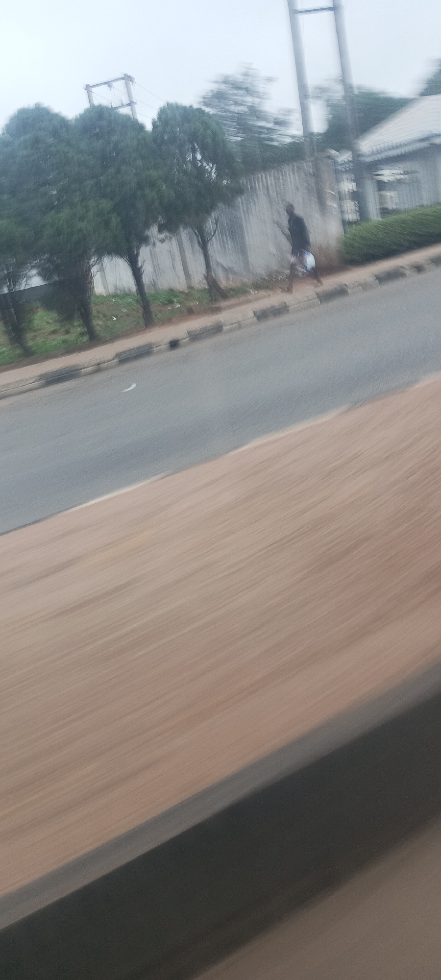 The image depicts an outdoor street scene in Jos, Nigeria, captured with significant motion blur, indicating it was likely taken from a moving vehicle. In the mid-ground, a person, appearing to be male, walks along a paved sidewalk. They are dressed in dark clothing on top and lighter-colored bottoms, with their form partially blurred by motion.
The scene includes a grey asphalt road running diagonally across the frame, bordered by a distinct curb and sidewalk. Along the sidewalk, several dark green, coniferous trees with visible trunks stand in a row. Behind the trees, a tall, light-colored concrete or stucco wall stretches across the background. Parts of a building with a sloped roof are visible beyond the wall on the right side. A utility pole with crossbars and wires can be seen above the wall in the distance. The sky is overcast and appears hazy or misty, suggesting a cloudy day without direct sunlight. A small white object, possibly a feather or litter, is discernible on the road surface. No discernible text is visible in the image.