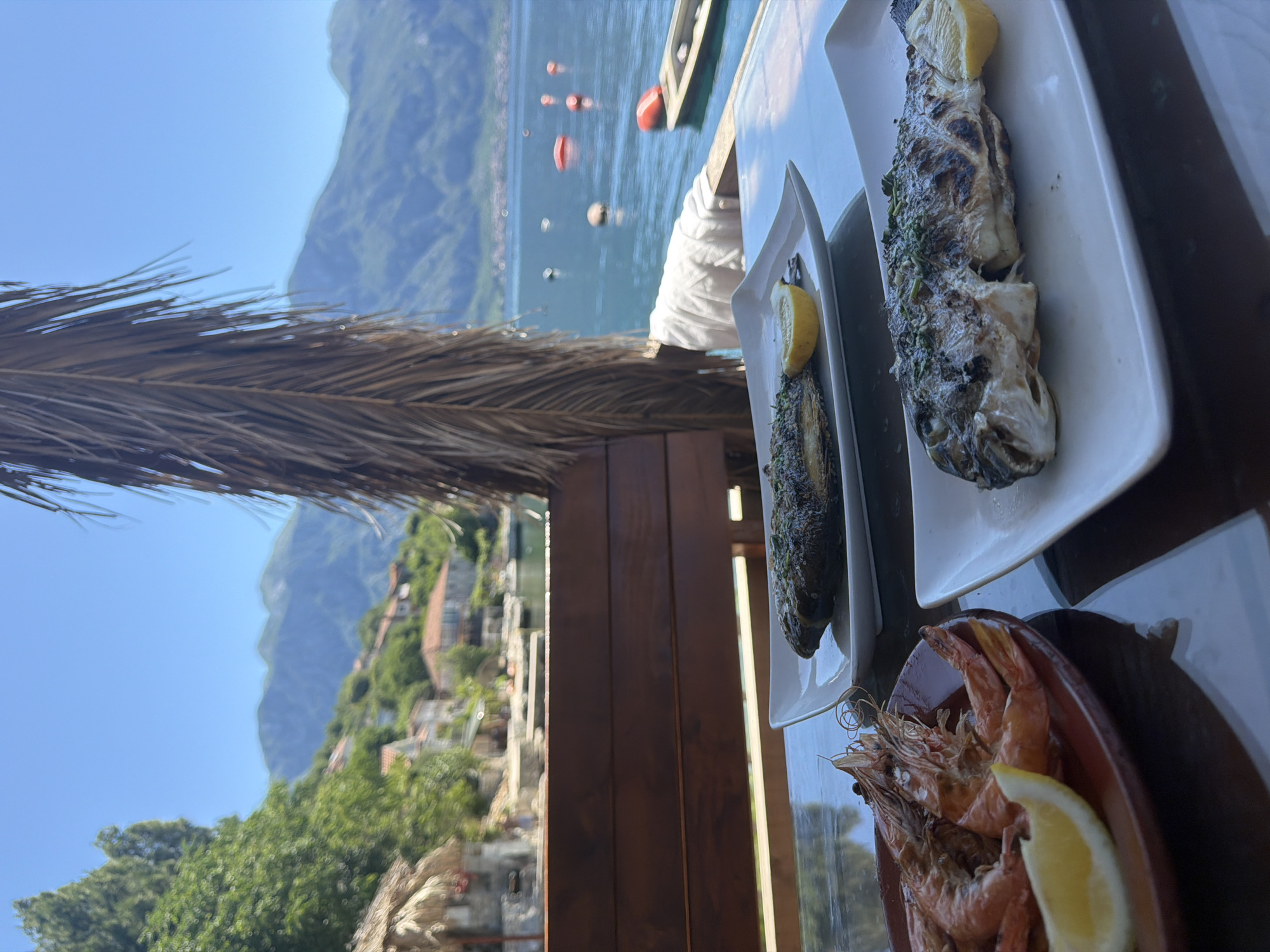 The image captures a meal at a restaurant in Dražin Vrt, Montenegro, overlooking the Bay of Kotor. The foreground features a wooden table laden with seafood dishes: grilled fish on white plates, each garnished with a lemon wedge, and a terracotta bowl filled with shrimp, also with a lemon wedge. A dried palm frond partially obscures the view on the left. The background reveals a picturesque scene of Dražin Vrt, a village nestled along the bay's edge, with buildings scattered among lush greenery leading up to the mountains. The clear blue sky contrasts with the calm water of the bay, dotted with buoys and boats.