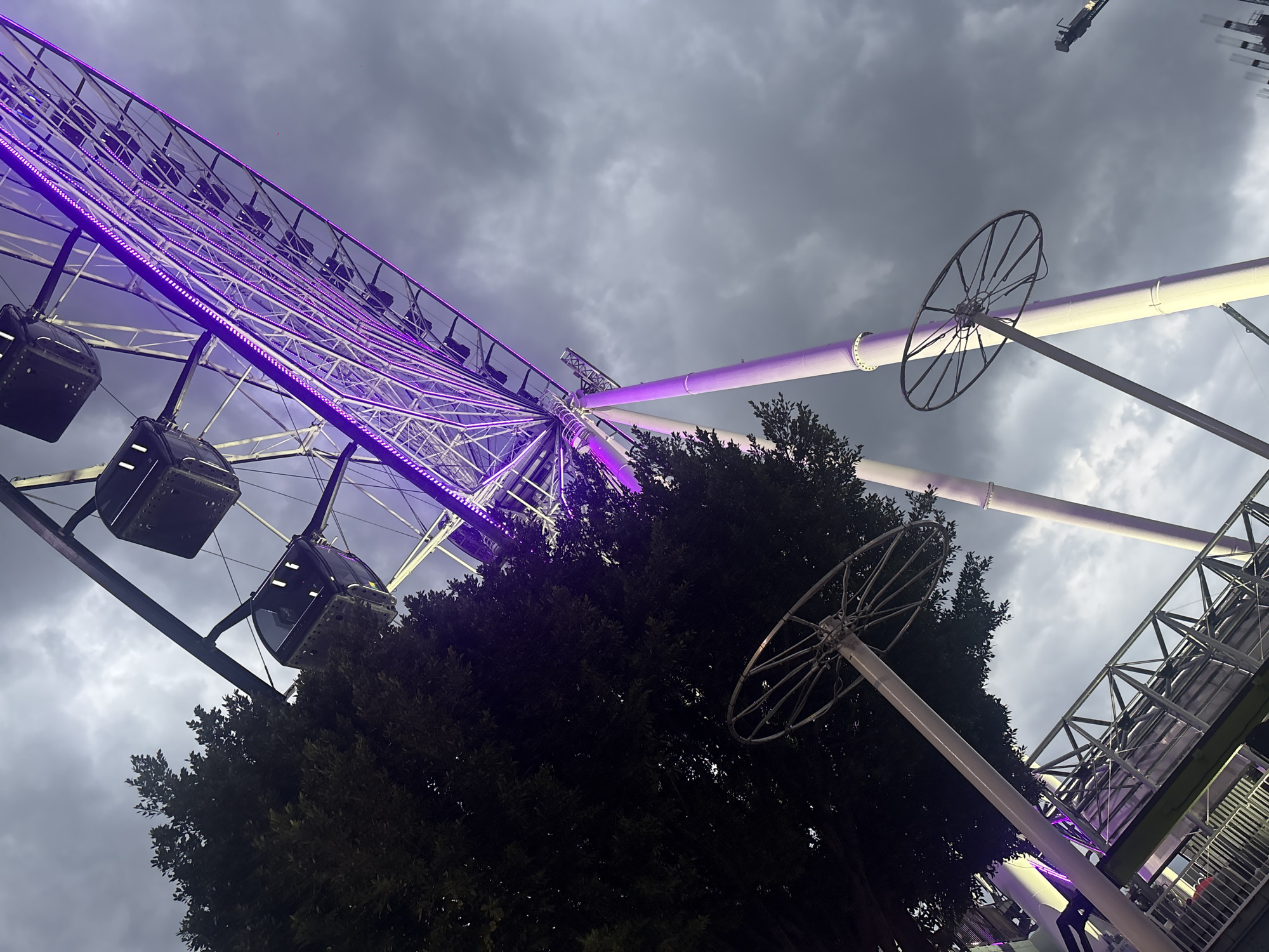 The image depicts a low-angle view of a Ferris wheel, illuminated with purple lights, set against a cloudy sky. The Ferris wheel has several gondolas visible on the left side of the frame. A large tree obscures part of the structure. To the right, a white structural support is visible, along with metal wheels. This could be at the location of the city of Puebla in Mexico.