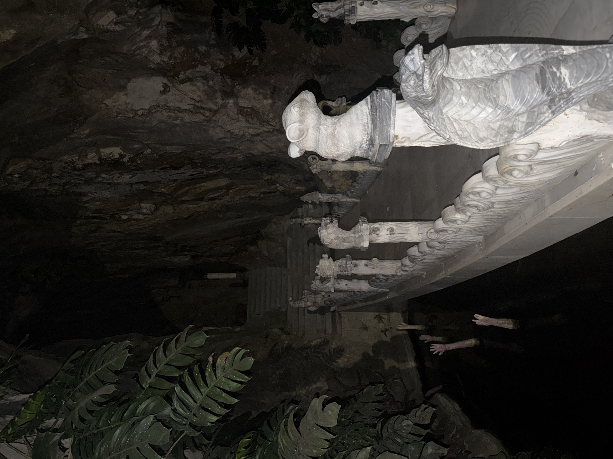 The image depicts the Kim Long communal house in Đà Nẵng, Vietnam, at night. The scene is dimly lit. In the foreground are dark green tropical plants. Above, a white concrete structure extends across the frame, decorated with animal gargoyles. Below the structure, hands are reaching out from a dark void. The background features a textured, rocky wall.