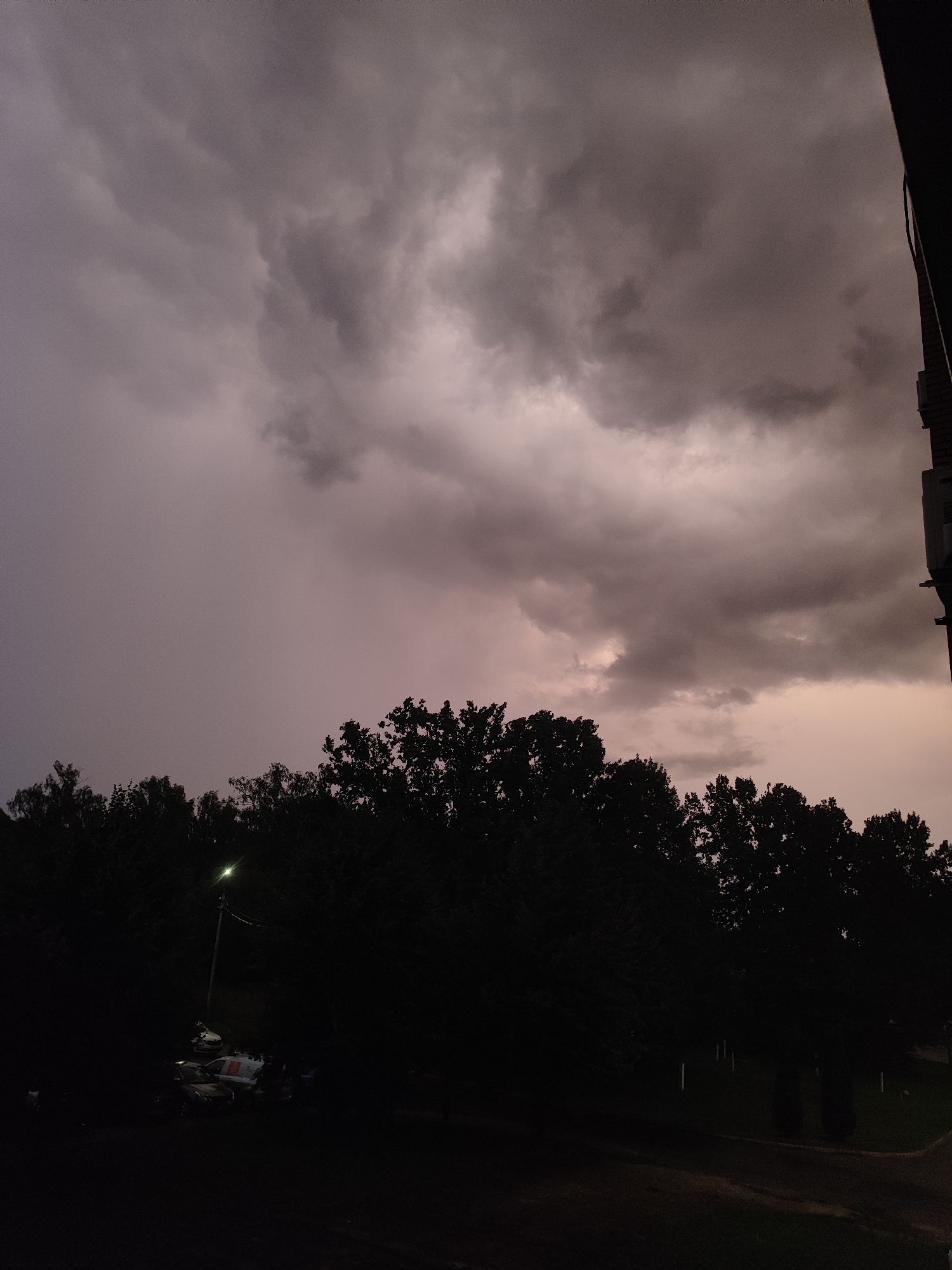 The image depicts a twilight scene with a stormy sky over a silhouetted treeline. The clouds are dark and heavy, with hints of lighter tones suggesting approaching or ongoing weather. Below the trees, which form a dense, dark band across the mid-ground, are some parked vehicles illuminated by a distant streetlight. The foreground is dark, showing a patch of grass or ground. The image appears to be taken from an elevated position, possibly a balcony or window of a building, with a portion of a building structure visible on the far right edge. The general atmosphere is dim and ominous due to the weather. The location is identified as Bronnitsy, Russia.
