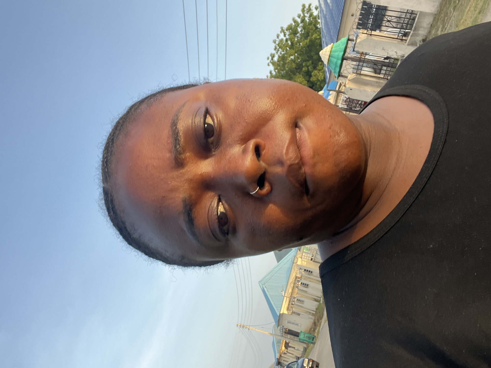 The image is a close-up, eye-level portrait of an adult individual, identified as female, with dark skin and dark hair, captured in an outdoor setting in Abuja, Nigeria. She is wearing a black top and has a silver nose ring. The subject looks directly at the camera with a neutral to slightly smirking expression.
The background reveals a clear, light blue sky, indicating daytime and sunny weather. Behind the person, various elements of an urban or suburban environment are visible. These include buildings with distinct architectural features, such as pitched roofs with blue and green coverings, and windows secured with decorative metal bars. Utility poles and power lines crisscross the upper part of the background. Lush green trees are also scattered throughout the scene. In the lower background, a street or road with a distant vehicle can be partially seen. No visible text is present in the image.