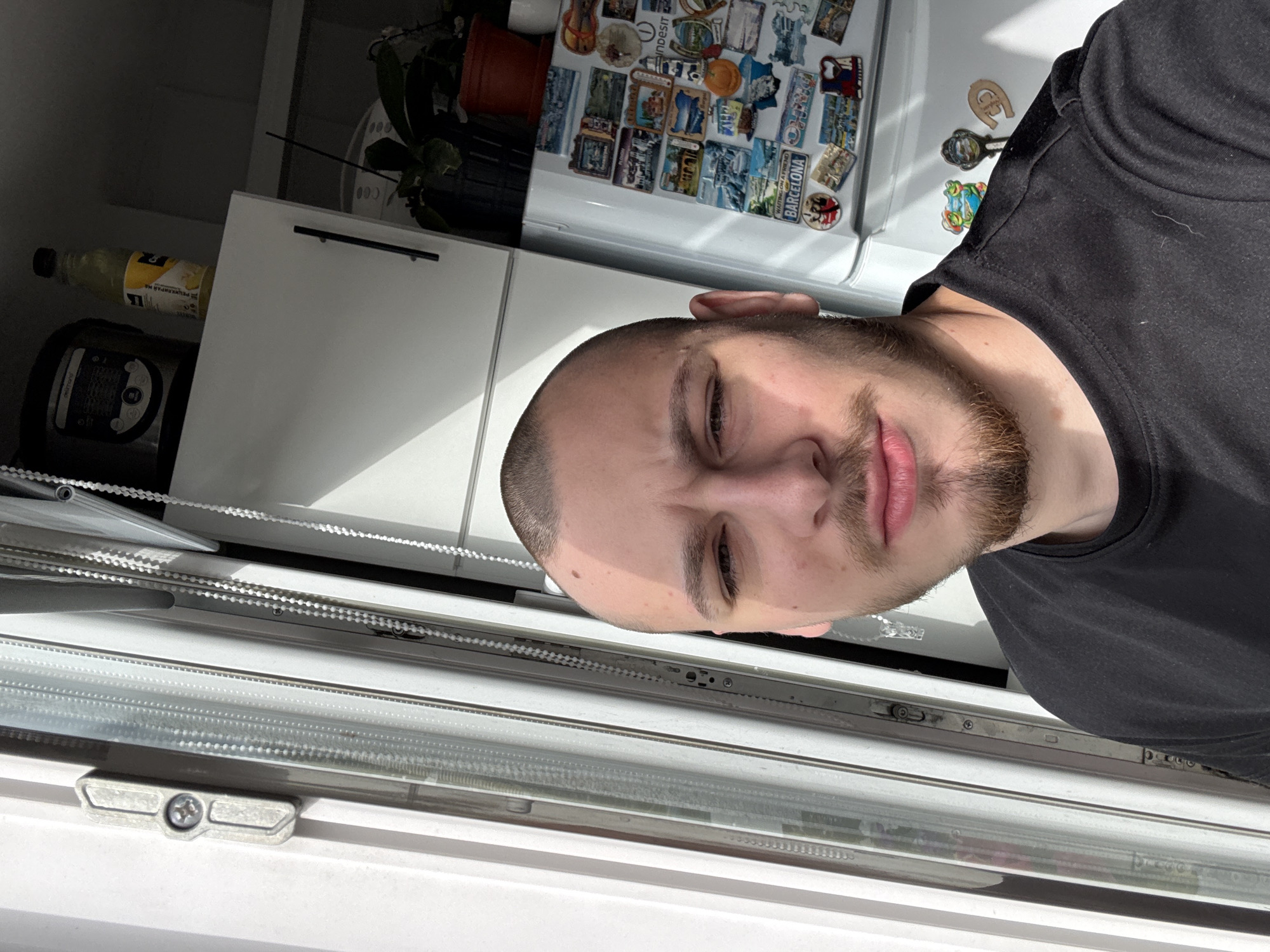 A man with short hair and a beard is in a room in Stara Zagora, Bulgaria. He is wearing a black T-shirt and is standing next to a window with white blinds. Behind him is a white kitchen cabinet and a refrigerator covered in magnets. There is a bottle of juice and a multi-cooker on the cabinet. A plant is on top of the cabinet. The scene is brightly lit, seemingly by natural light.