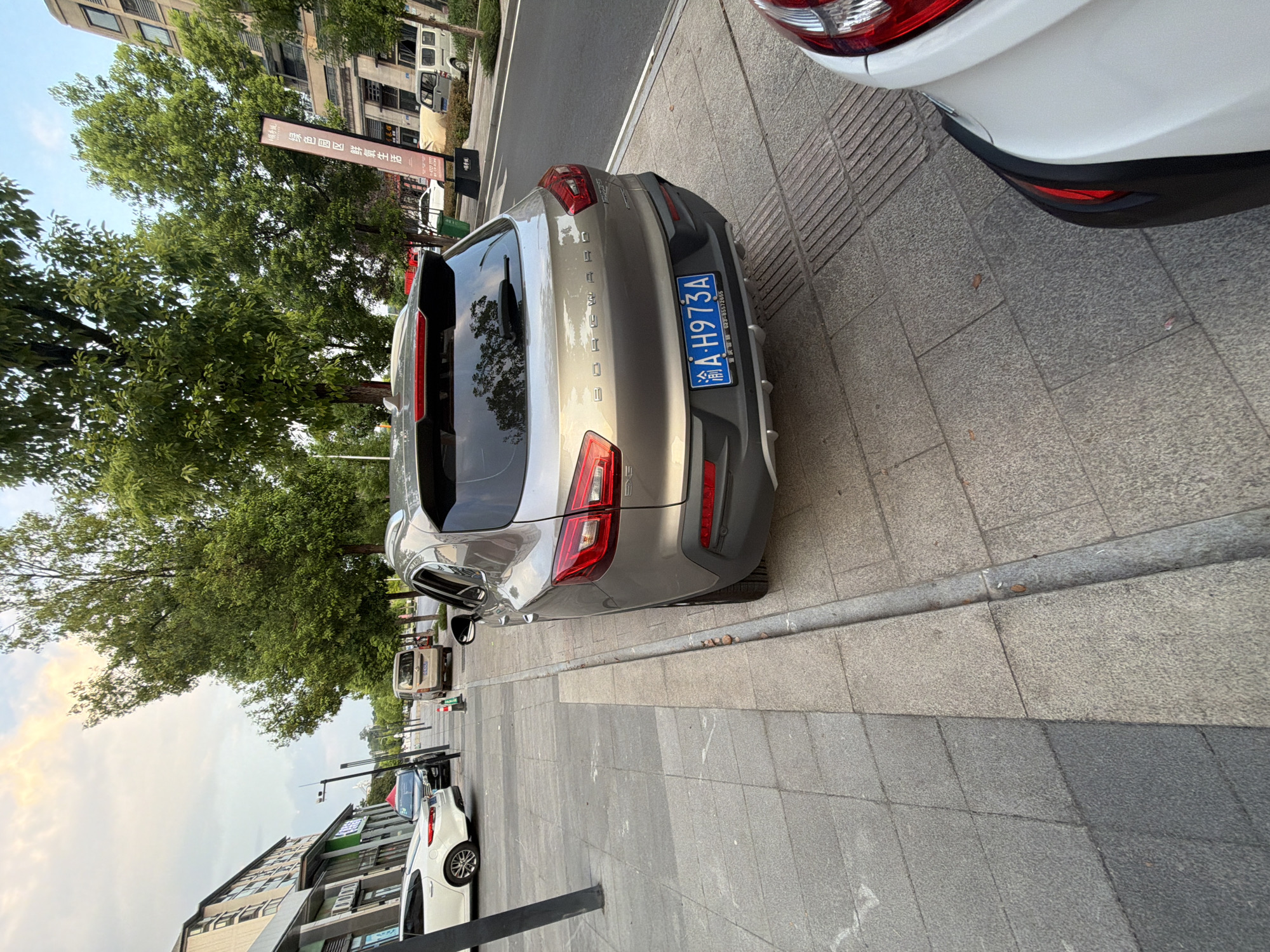 The image shows a street scene in Jiangjin, China. A grey SUV with the license plate A-H973A is parked on the side of the road, facing away from the camera. The SUV has "BOREWARD" written on the back. To the left of the SUV, a white car is parked on the sidewalk. In the background, there are buildings, trees, and other vehicles on the road. The sky is cloudy. The street appears to be a commercial area with shops and apartments. The sidewalk is paved with grey tiles, and there is a curb separating the sidewalk from the road. There is a metal pole on the left side of the image, and a street lamp can be seen in the distance.
