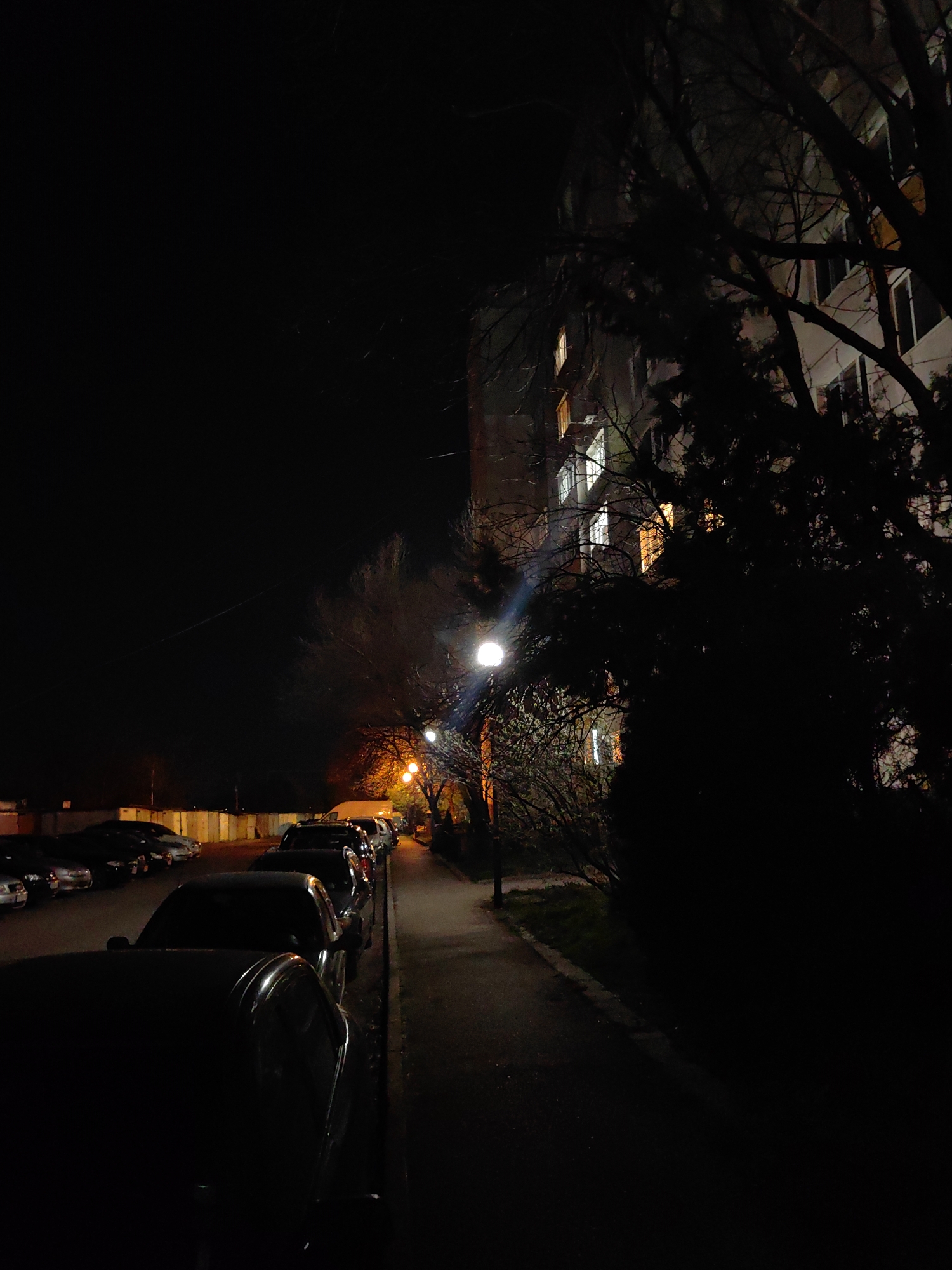 The image depicts a night scene on a street in Sofia, Bulgaria. A row of parked cars lines the left side of the street, facing away from the camera. On the right is a sidewalk adjacent to a building with several illuminated windows, suggesting it is an apartment building. Trees are located between the sidewalk and the building, partially obscuring the view. Streetlights provide illumination along the sidewalk. The sky is dark, and the overall atmosphere is dimly lit. Further down the street, the lights from the row of garages can be seen.