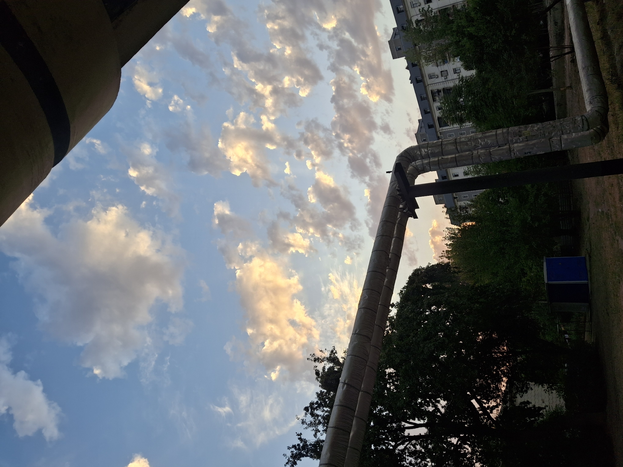 The image depicts an outdoor scene during daylight, with a focus on the sky and a foreground element of industrial piping. The sky is a clear blue with numerous clouds, some illuminated by warm, golden light, suggesting either sunrise or sunset. In the foreground, large, insulated pipes run diagonally across the frame, supported by metal structures. To the left and right of the pipes are silhouetted trees with dark green foliage. Behind the trees and pipes, a multi-story apartment building with numerous windows is visible, characteristic of urban residential architecture. The ground in the foreground appears to be a mix of dirt and sparse vegetation. A small, blue, shed-like structure is situated among the trees on the left. There are no people or animals clearly visible in the image. The scene is likely from an urban area, possibly residential, given the presence of the apartment building and the industrial piping which could be part of a district heating or cooling system. The style of the apartment building suggests it could be located in a post-Soviet era city, such as Tashkent, Uzbekistan.