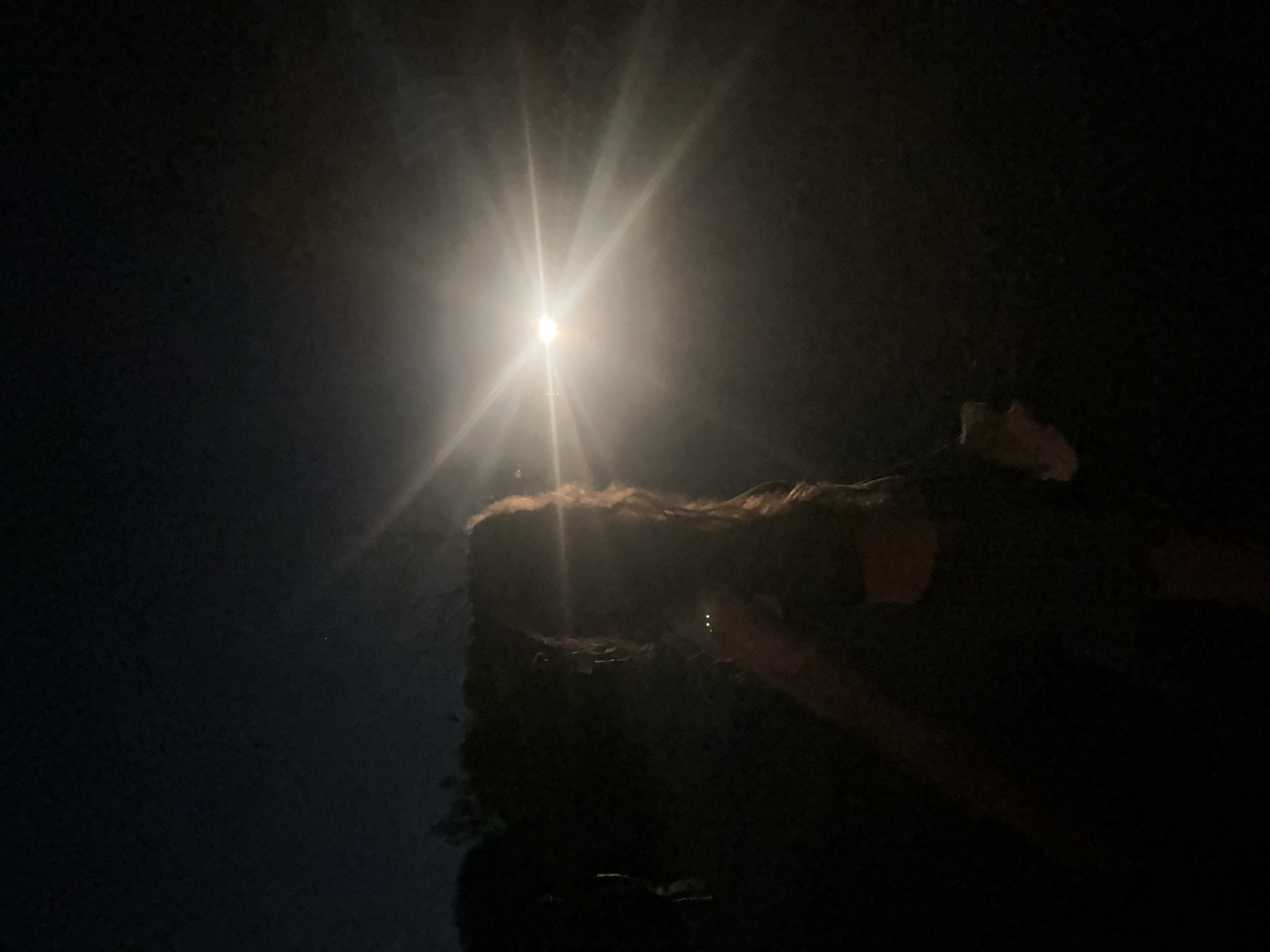 The image depicts a dimly lit outdoor scene, likely at night. A person with long, wavy, light-colored hair stands in the foreground, their face obscured by the low light and the glare of a bright light source. The light source, possibly a strong lamp or headlight, is positioned in the mid-ground to the right, casting intense rays and creating lens flare. The background appears to be a dark, silhouetted treeline or foliage. The overall atmosphere is dark and somewhat atmospheric, with the bright light creating a stark contrast against the deep shadows. The location is identified as Donji Štoj - Shtoji i Poshtëm, Montenegro.