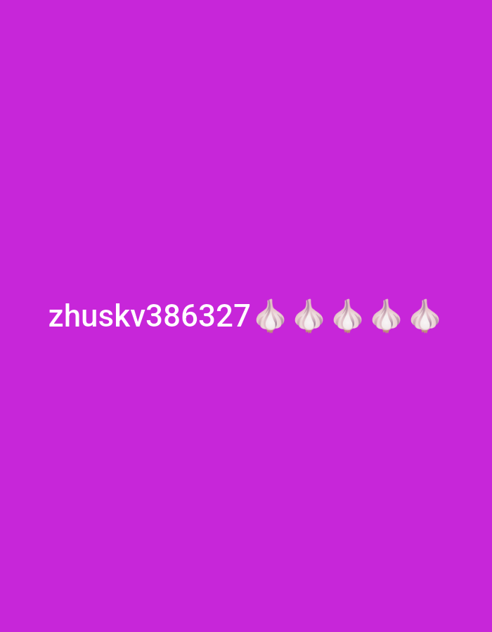 The image displays a plain, vibrant purple background. In the lower-left quadrant, the text "zhuskv386327" is present in white. To the right of the text, there are six garlic emojis, also in white. There is no indication of a city or specific location within the image itself.