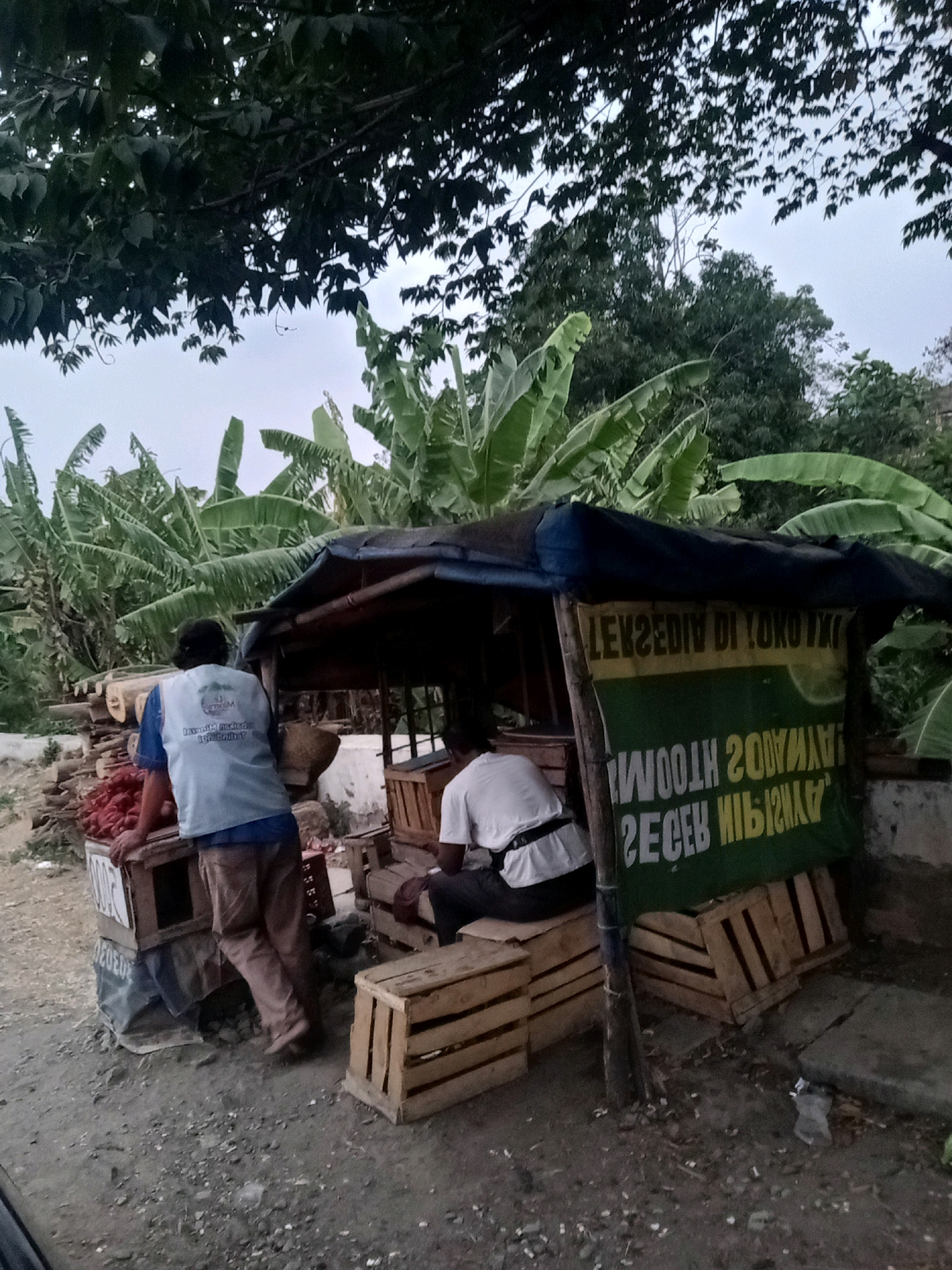 The image depicts an outdoor scene at a roadside fruit stand in Tangerang, Indonesia. Two men are present. One man, wearing a blue vest over a blue shirt and brown pants, is standing near a wooden crate filled with red fruits, possibly chilies or tomatoes, and appears to be tending to the stall. The other man, wearing a white t-shirt and dark pants, is seated inside the covered stall. The stall itself is constructed with a wooden frame and covered with a dark tarp, with a green banner displaying text in white and yellow lettering. Several wooden crates are visible around the stall, some empty and others possibly used for displaying produce. The background features lush green banana trees and other foliage, suggesting a tropical environment. The ground is a dirt and gravel surface, with scattered debris. The sky appears overcast.