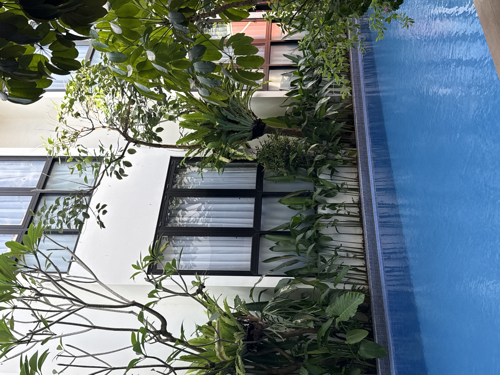 The image depicts an outdoor scene with a swimming pool situated next to a white building with multiple windows. Lush green vegetation surrounds the building and edges the pool area, providing a naturalistic setting. The building appears to have at least two floors visible in the frame. The pool's water is a clear, bright blue, suggesting clean and well-maintained conditions. The photo was taken in North Kuta, Indonesia. No people are visible.